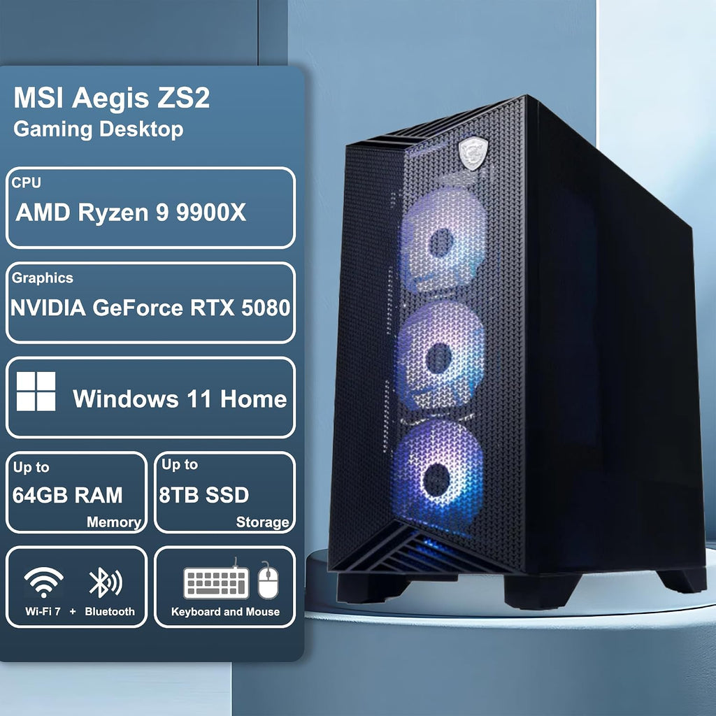 msi Aegis ZS2 Gaming Desktop AMD 12-core Zen 5 Ryzen 9 9900X 32GB RAM 2TB SSD GeForce RTX 5080 DLSS 4 360mm Liquid Cooler 850W 80+ Gold PSU Support HDD Win11 w/ICP Hub
