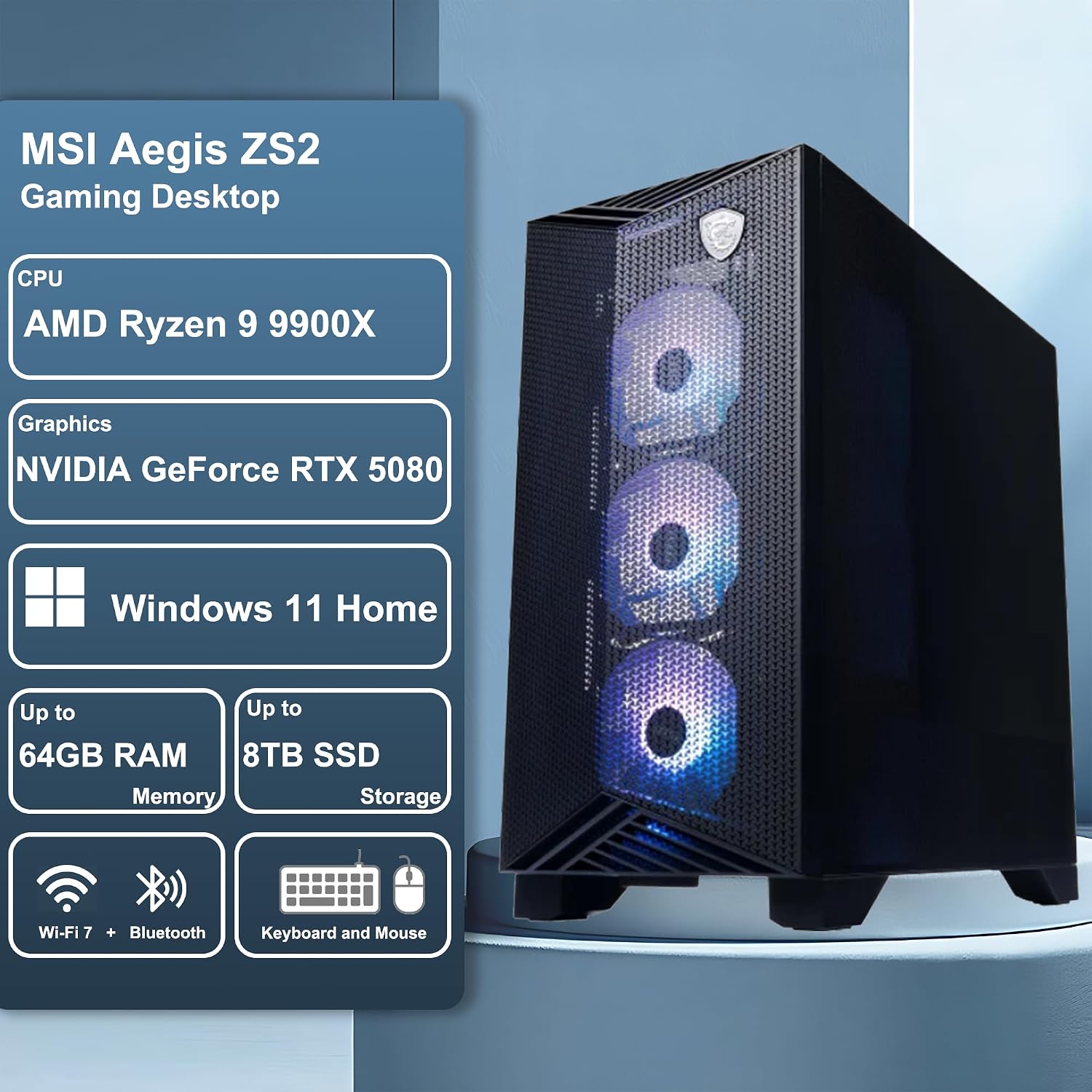 msi Aegis ZS2 Gaming Desktop AMD 12-core Zen 5 Ryzen 9 9900X 32GB RAM 2TB SSD GeForce RTX 5080 DLSS 4 360mm Liquid Cooler 850W 80+ Gold PSU Support HDD Win11 w/ICP Hub