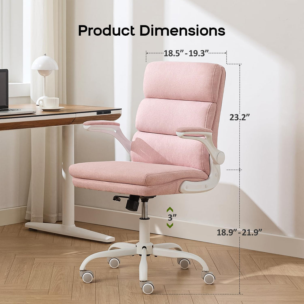 amseatec Office Chair Adjustable Desk Chair Mid Back Executive Comfortable Fabric Ergonomic Back Support Home Computer Chair with Padded Flip-up Armrest Swivel Wheels (Pink)