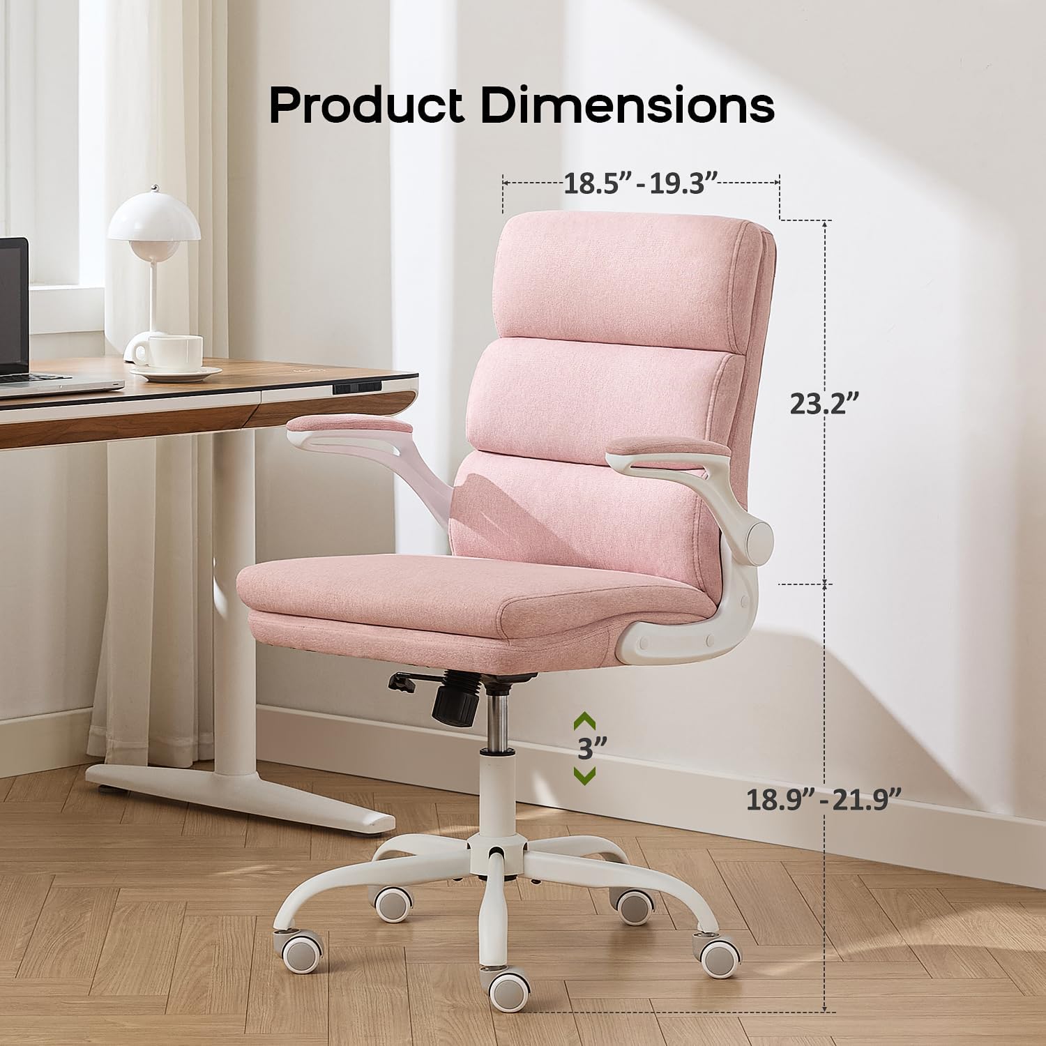 amseatec Office Chair Adjustable Desk Chair Mid Back Executive Comfortable Fabric Ergonomic Back Support Home Computer Chair with Padded Flip-up Armrest Swivel Wheels (Pink)