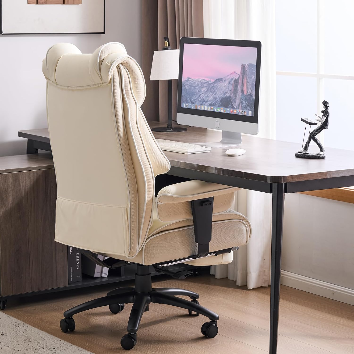 Big and Tall Office Chair 400LBS with Foot Rest & Waist Lumber Support, Ergonomic Gaming Chair with 2D Armrests, High-Back Leather Reclining Executive Chair for Home, Office, Beige