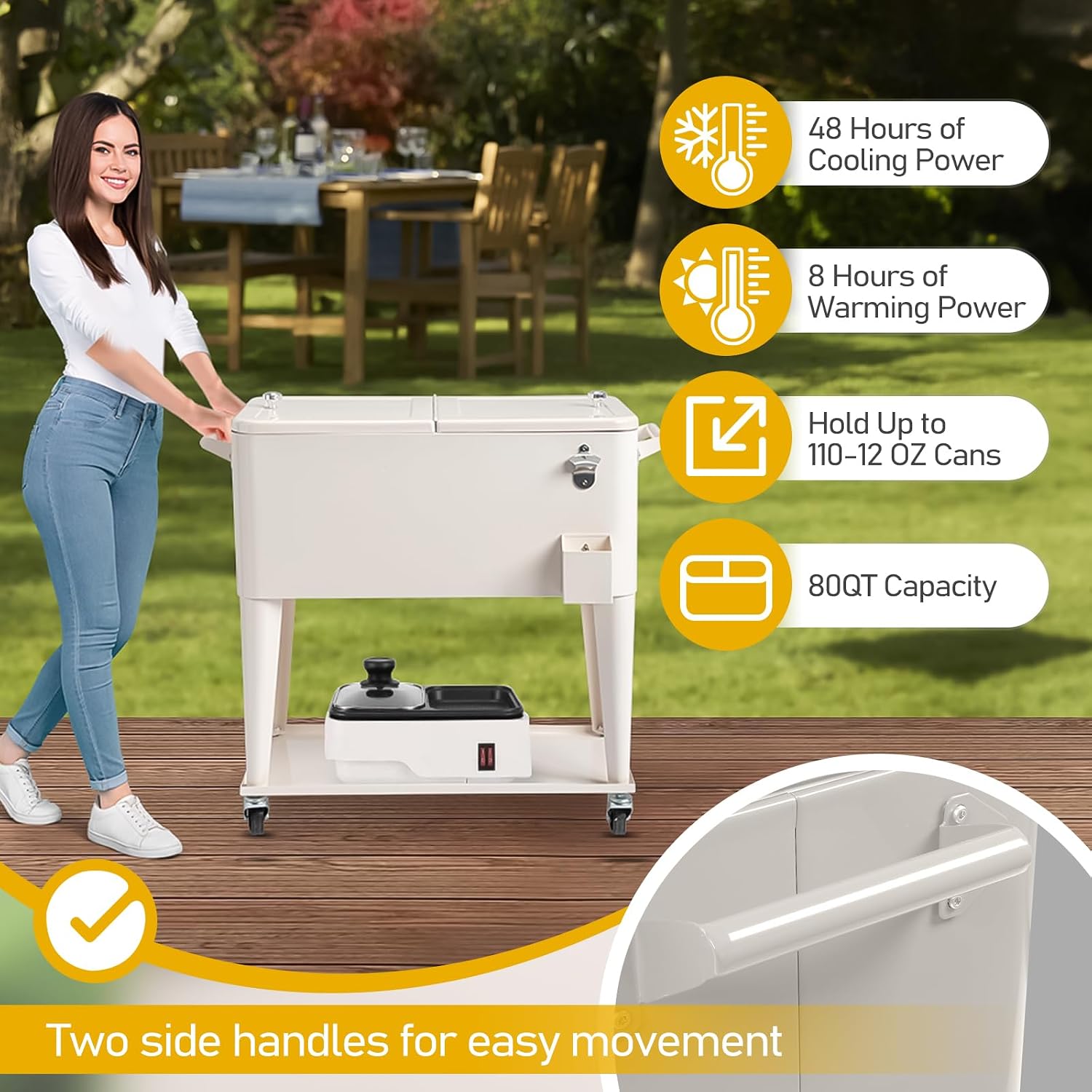 Outvita 80 Quart Rolling Ice Chest, Portable Bar Drink Cooler with Catch Basin, Bottom Storage Tray and Bottle Opener for Patio Party BBQ Beach Activities