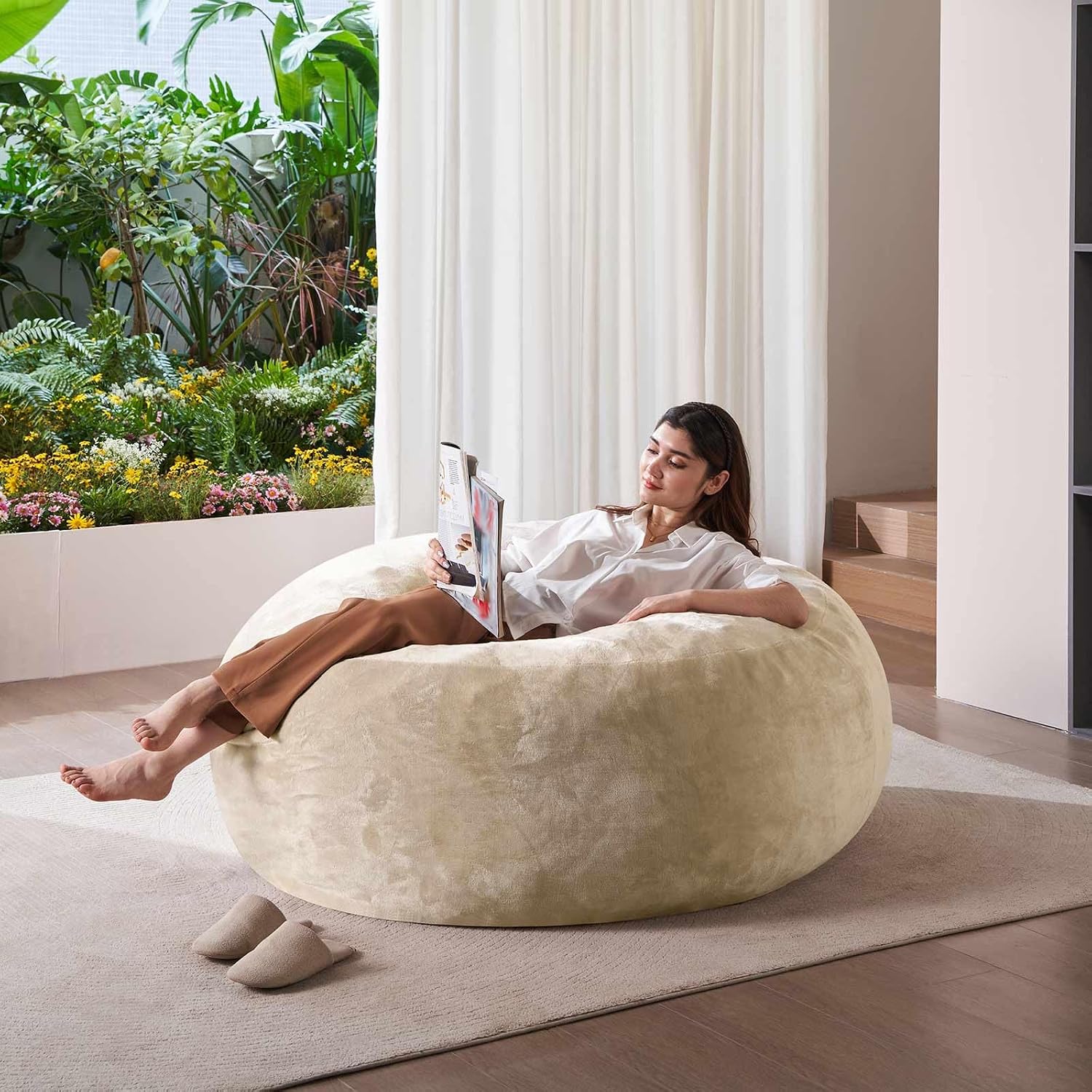SANAE Oversized 5FT Memory Foam Bean Bag Chair for Adults - Apricot Corduroy Fabric with Filling, Supportive & Washable Plush Movie Night Beanbag, Giant Lounge Chair for Bedroom/Classroom/Dorm