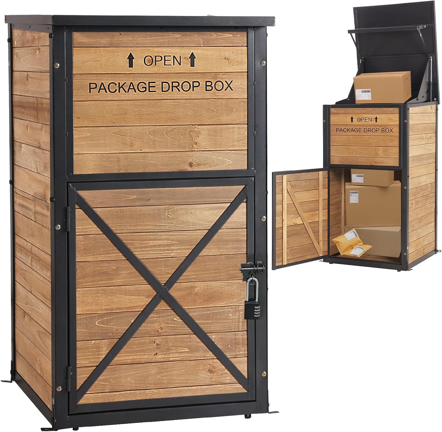 GUTINNEEN Package Delivery Box for Porch with Lockable Secure, Large Outdoor Parcel Storage Anti Theft -Waterproof Parcel Mailbox with Iron Frame & Natural Wood