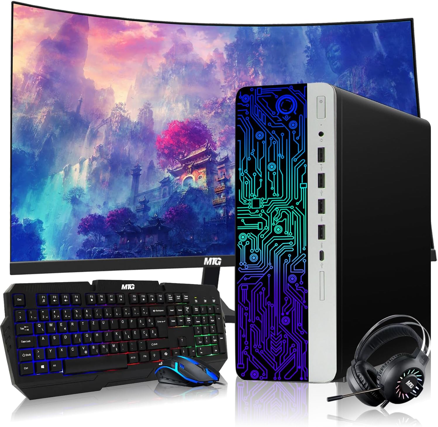 HP G3 Gaming Desktop PC, Intel Core i5 6th Gen, GT 1030 Graphics, 32GB RAM, 1TB SSD + 128GB SSD, MTG New 24 Inch Curved Monitor, RGB Keyboard Mouse, Headphone, Webcam, WiFi, Windows 11 (Renewed)