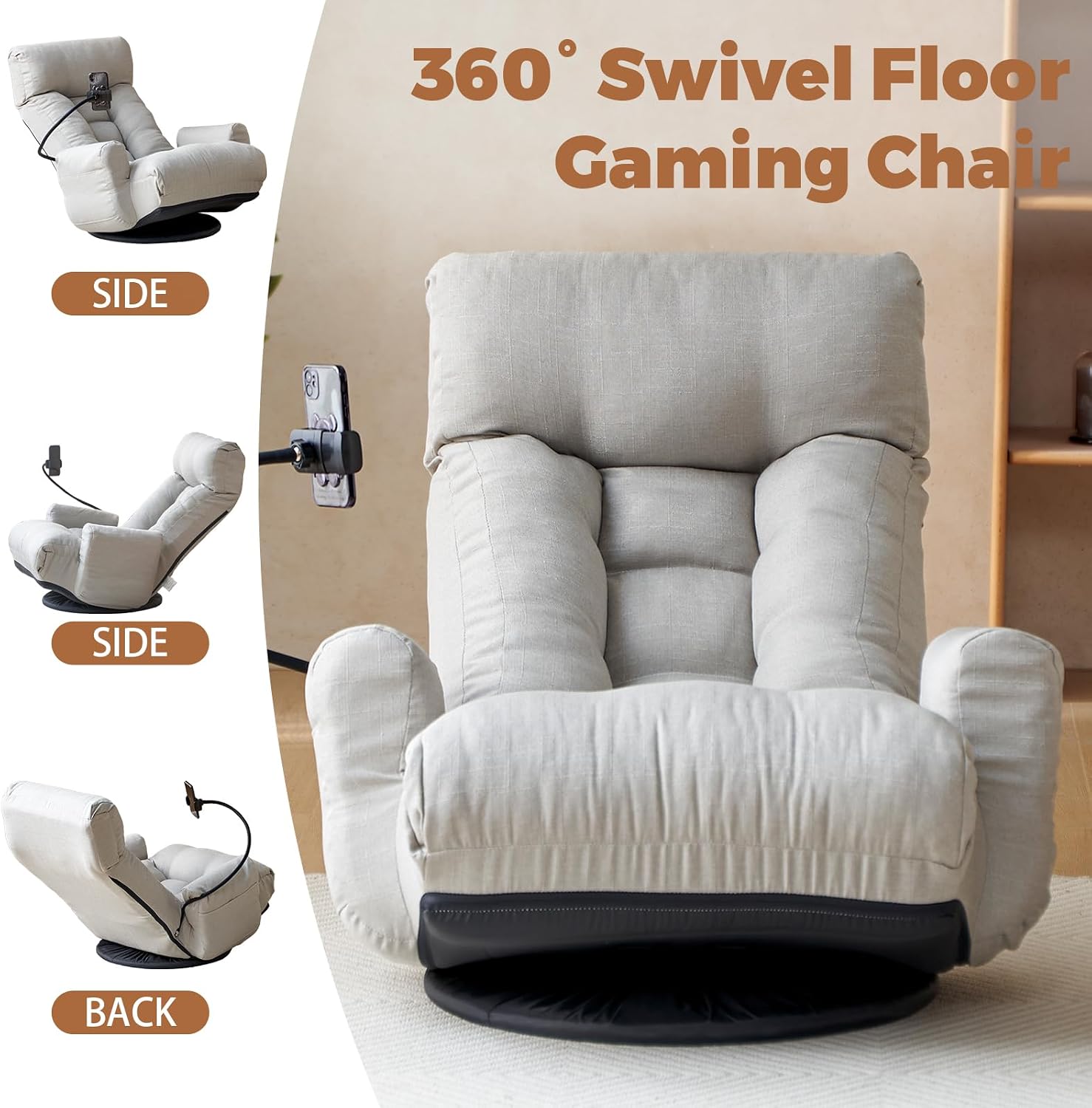 360° Swivel Floor Gaming Chair Linen Folding Lounge Sofa Chair with Adjustable Head and Waist, Armrests & Phone Holder, Padded Cushion Leisure Chairs for Living Room Bedroom (Grey)