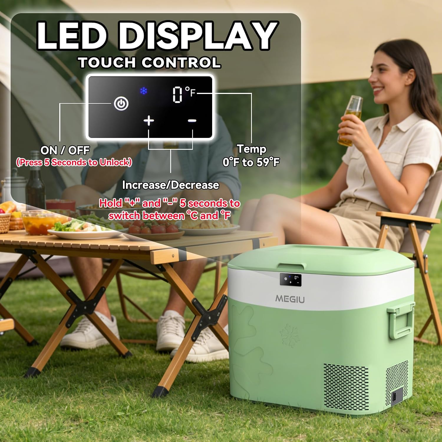 Megiu Car Fridge Portable 12 Volt Refrigerator 23 Quart (22 Liter) Freezer Compressor Cooler 12V/24V DC 110～240 V AC for Outdoor, Camping, Travel, Home Use -18℃~+15℃ (Green)