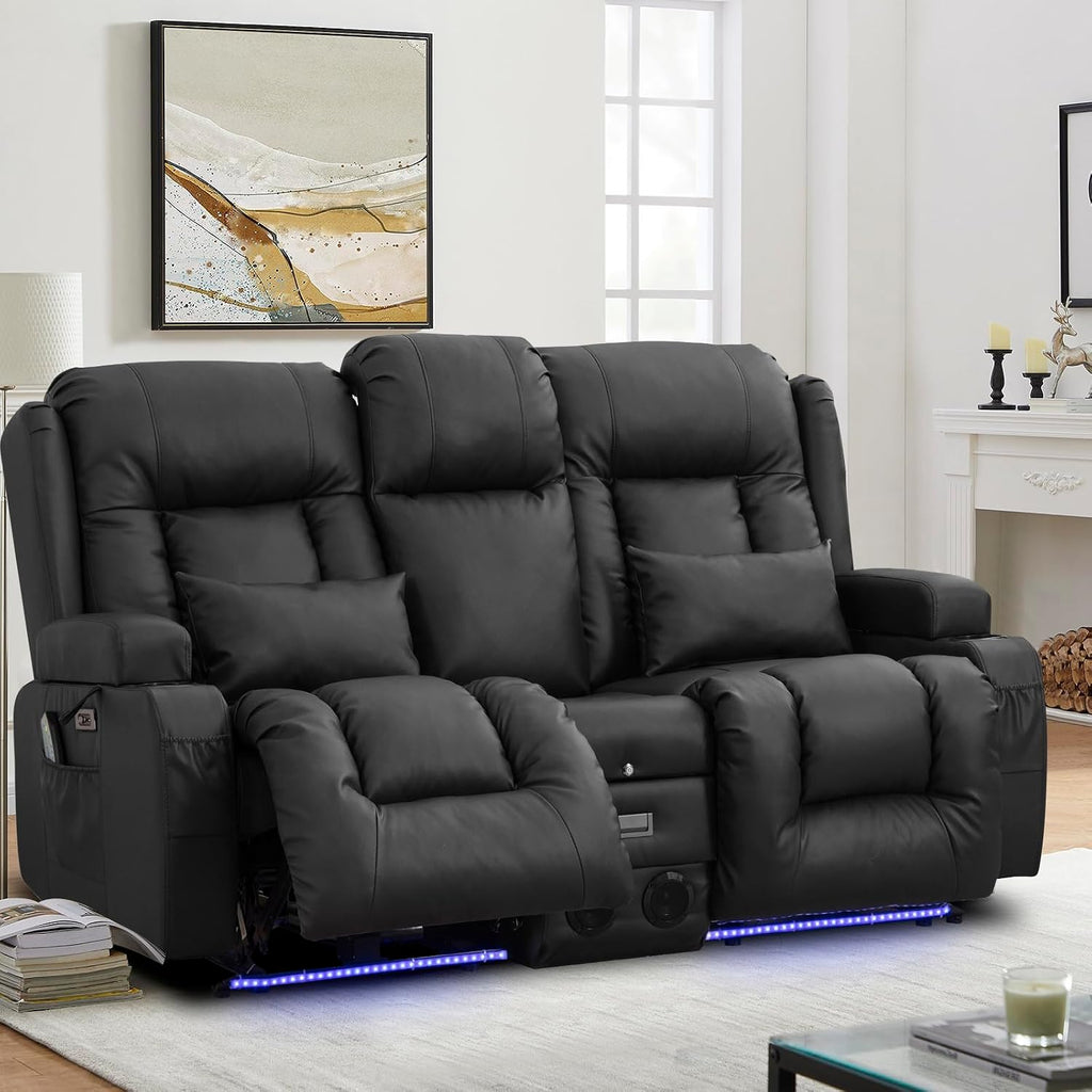 Loveseat Recliner Chair, Leather Sofa with Massage & Heating, Home Theater Seating with Console Power Recliner with Outlet/LED Light/Cup Holders/Speaker/USB Port (Black, Loveseat with Console)