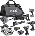 FLEX 24V Brushless Cordless 6-Tool Combo Kit: Hammer Drill, Hex Impact Driver, Circular Saw, Multi-Tool, Reciprocating Saw, Work Light with 2.5Ah, 5.0Ah Lithium Batteries and 160W Charger - FXM601-2B