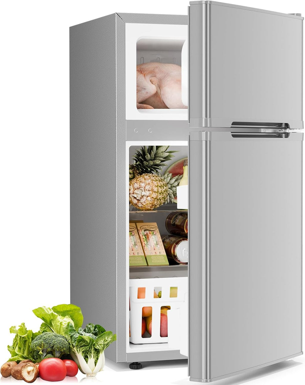 Antarctic Star Compact Refrigerator with Freezer,2 Door Mini Fridge,Adjustable Shelf,Adjustable Thermostat,for Bedroom,Office,Dorm,Kitchen,3.2 Cu.Ft.GREY
