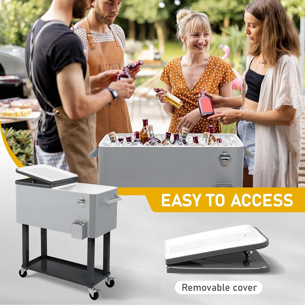 Outvita 80 Quart Rolling Ice Chest, Portable Bar Drink Cooler with Catch Basin, Bottom Storage Tray and Bottle Opener for Patio Party BBQ Beach Activities