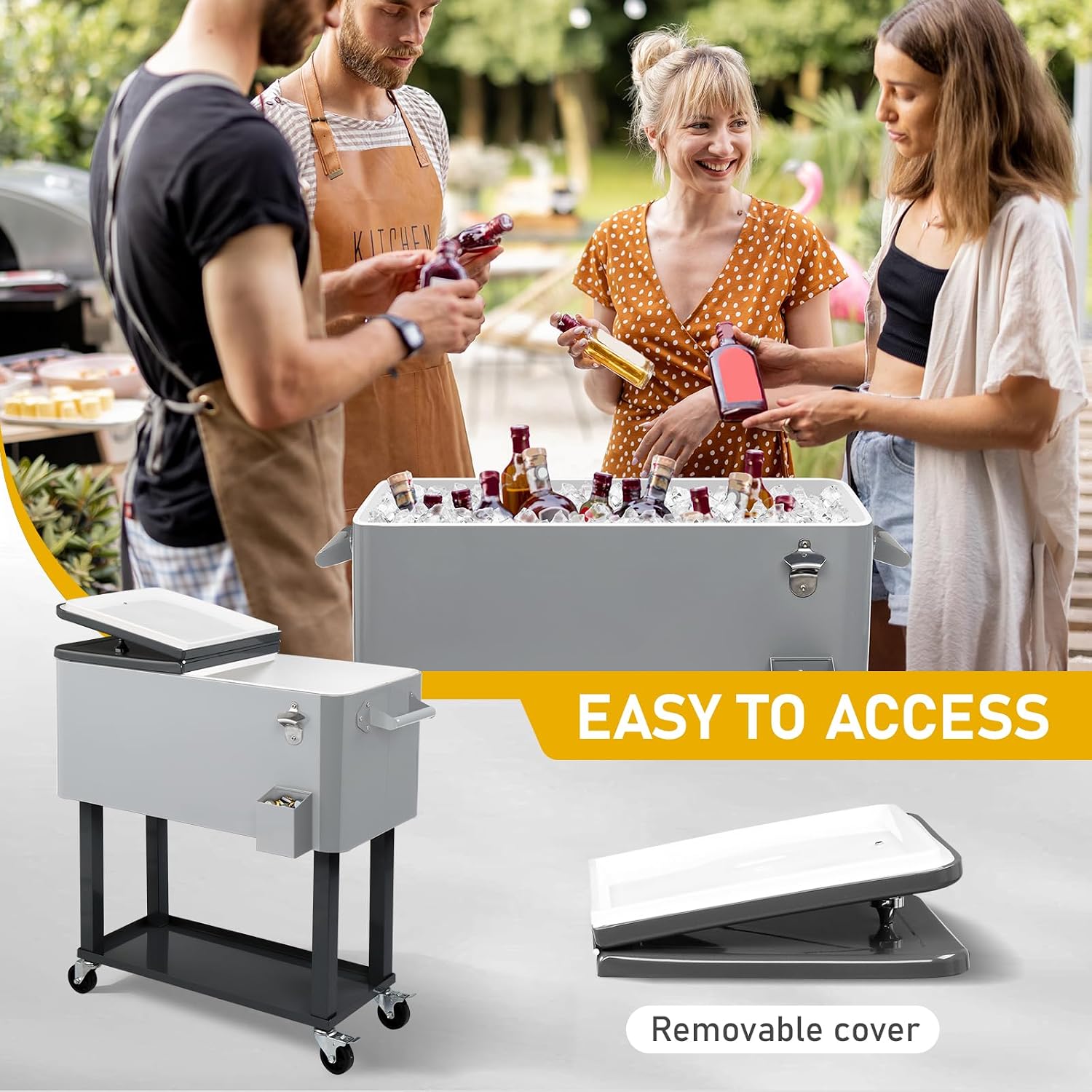 Outvita 80 Quart Rolling Ice Chest, Portable Bar Drink Cooler with Catch Basin, Bottom Storage Tray and Bottle Opener for Patio Party BBQ Beach Activities