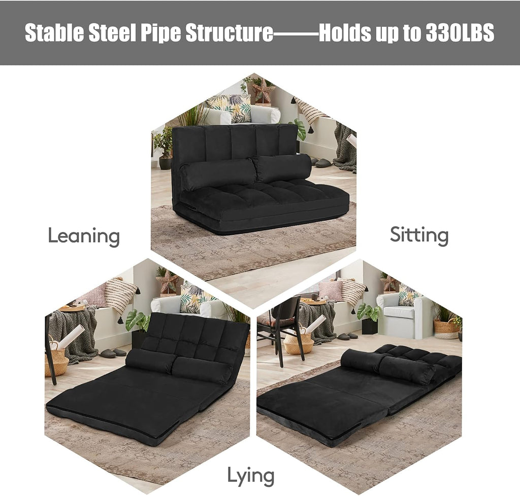 DORTALA Foldable Floor Sofa, 6-Position Adjustable Lounge Couch with 2 Pillows & Suede Cloth Cover, Modern Lounge Mattress Video Gaming Lazy Couch, Suede Floor Seating Sofa, 71' x 44.5', Black