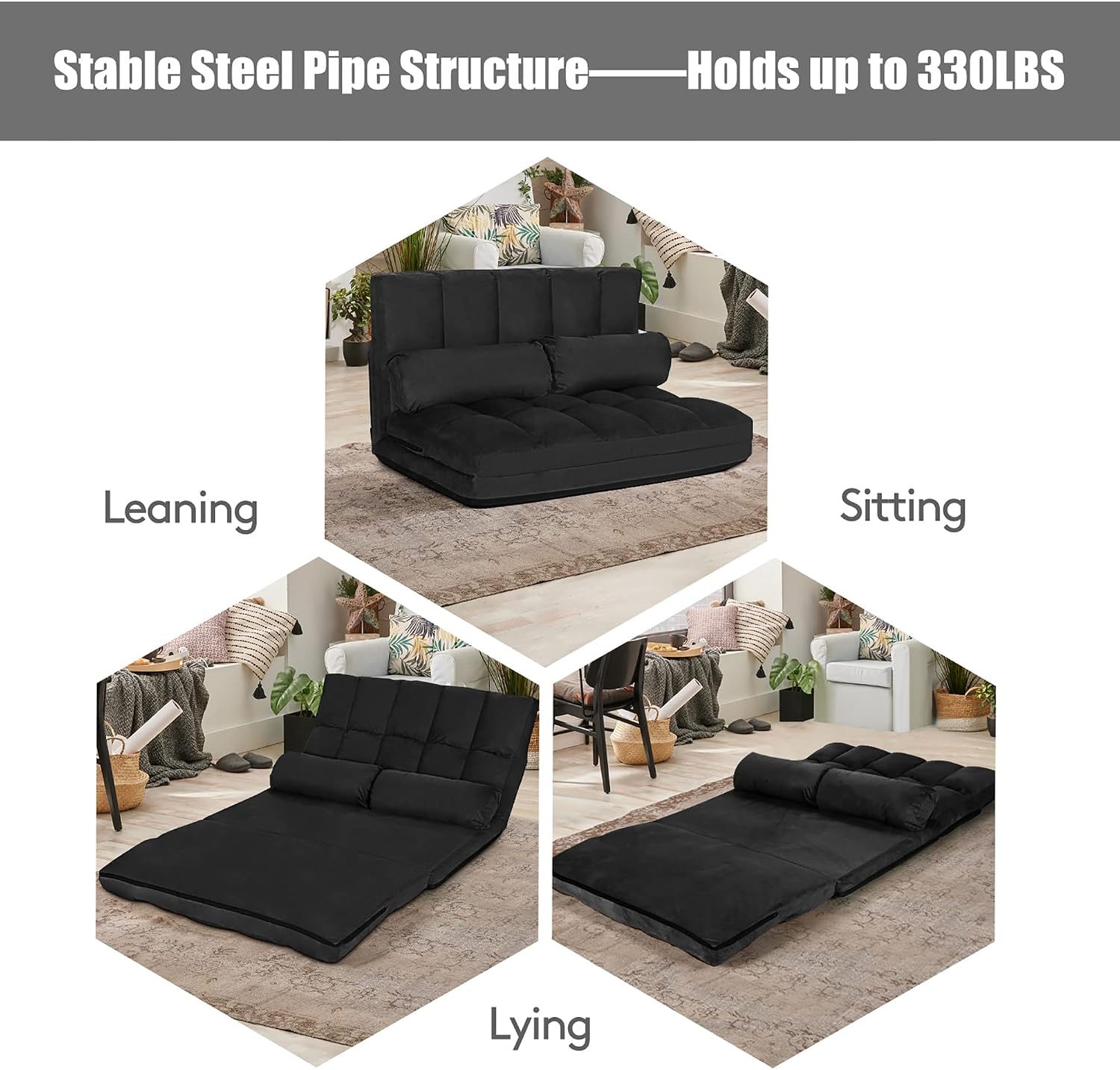 DORTALA Foldable Floor Sofa, 6-Position Adjustable Lounge Couch with 2 Pillows & Suede Cloth Cover, Modern Lounge Mattress Video Gaming Lazy Couch, Suede Floor Seating Sofa, 71' x 44.5', Black