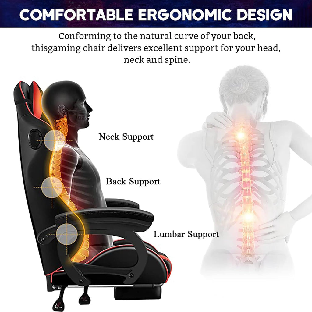 RGB Gaming Chair with Speakers Full Massage Video Game Chair with Footrest Ergonomic Office Chair PU Leather Recliner Swivel Computer Chair with Lumbar Support Headrest High Back Gamer Chair,Black
