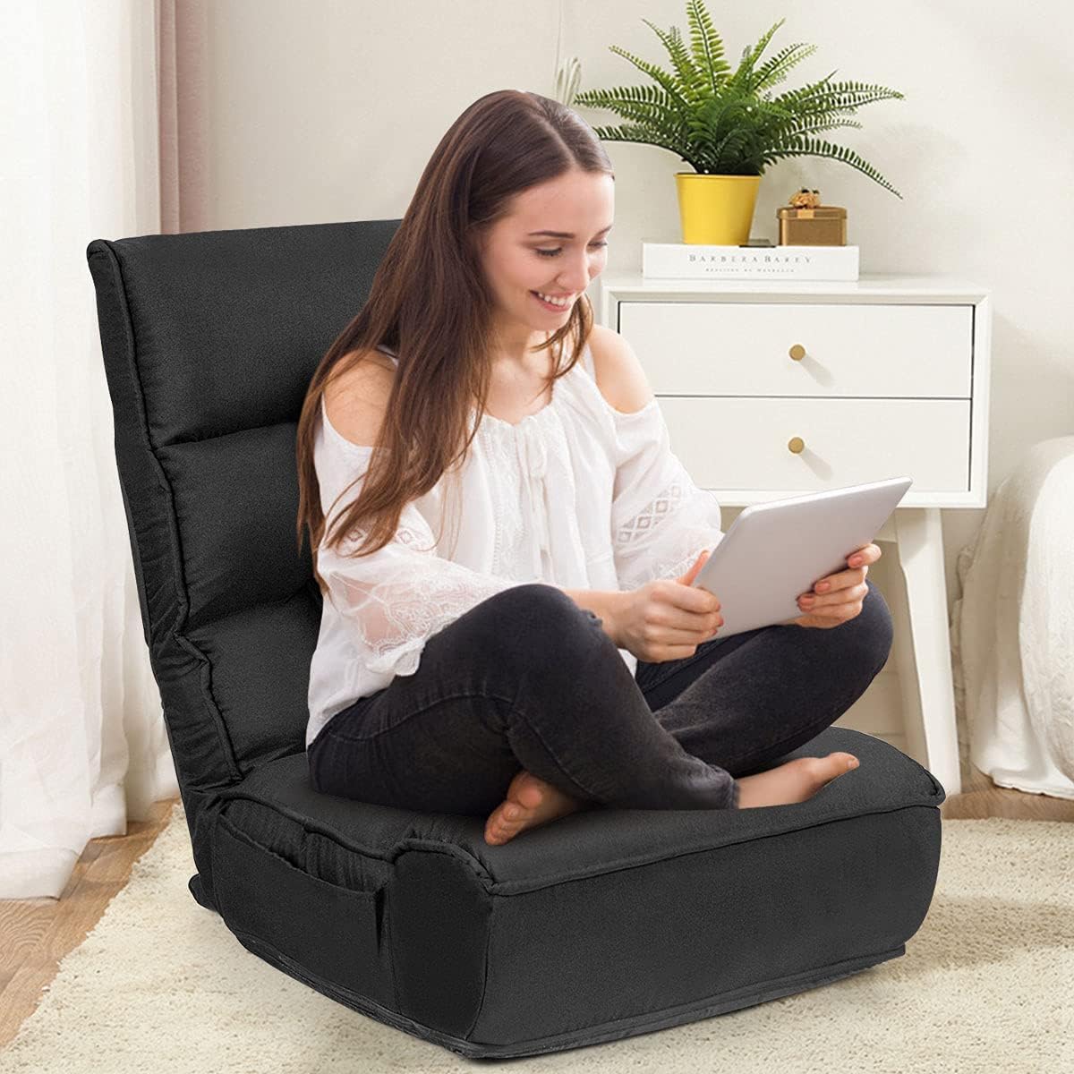 LDAILY Moccha Folding Floor Chair, Adjustable Sofa Chair with 5-Position Headrest & 4-Position Backrest, Floor Gaming Chairs with Thicken Cushion, Padded Chaise Lounge for Bedroom, Living Room, Black