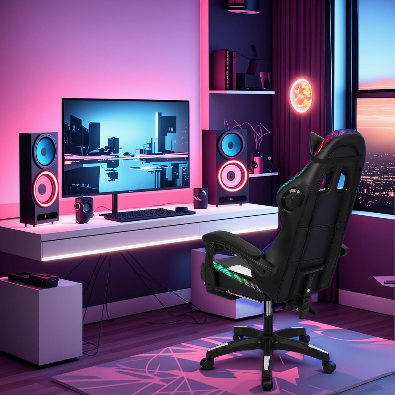 Gaming Chair with Bluetooth Speakers and LED Lights, Gamer Chair with Height Adjustable, Ergonomic Massage Computer Gaming Chair with Footrest, Video Game Chair with Lumbar Support for Adults
