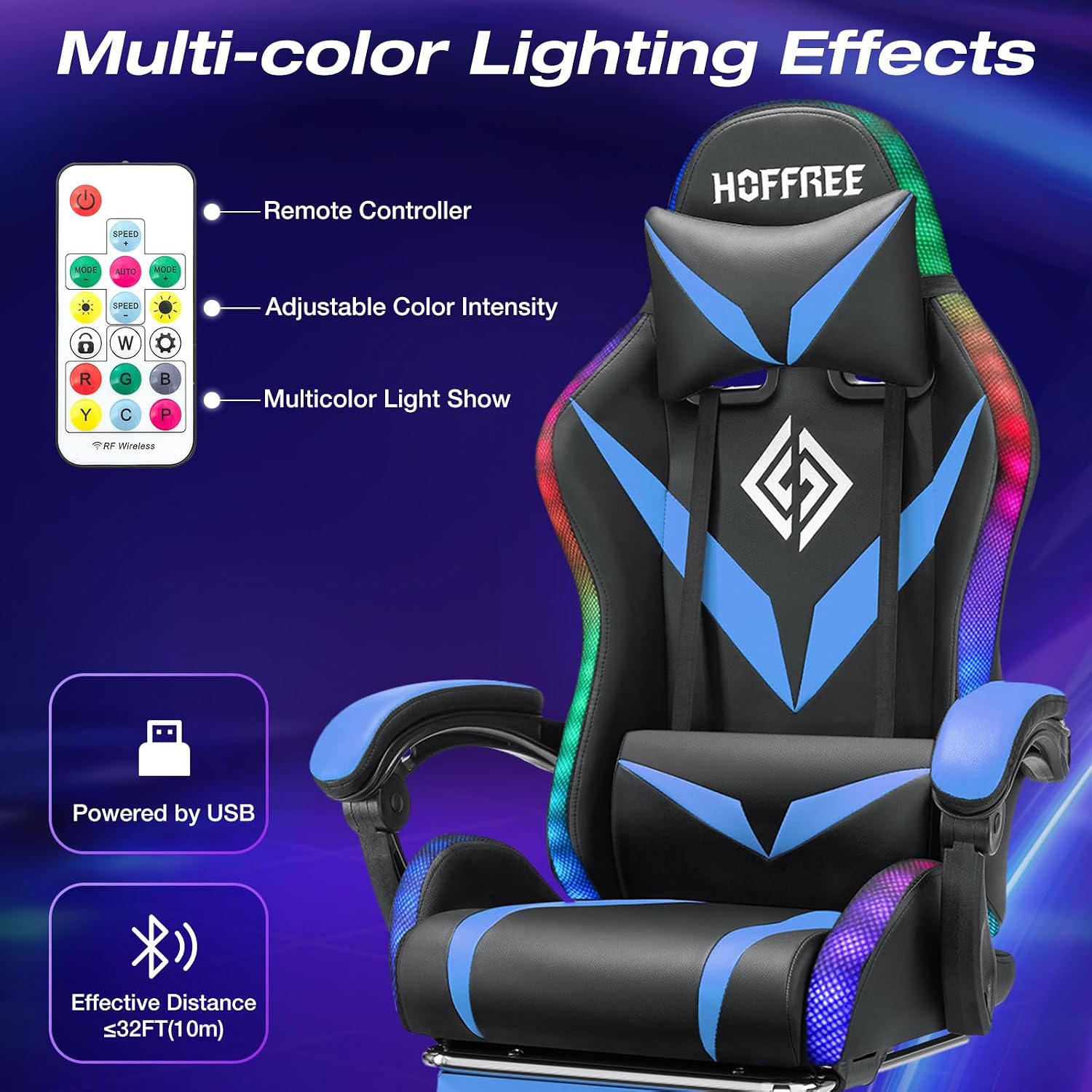 HOFFREE Gaming Chair with Massage and LED Lights Ergonomic Video Game Chairs with Footrest High Back Reclining Computer Chair with Adjustable Lumbar Support Blue and Black