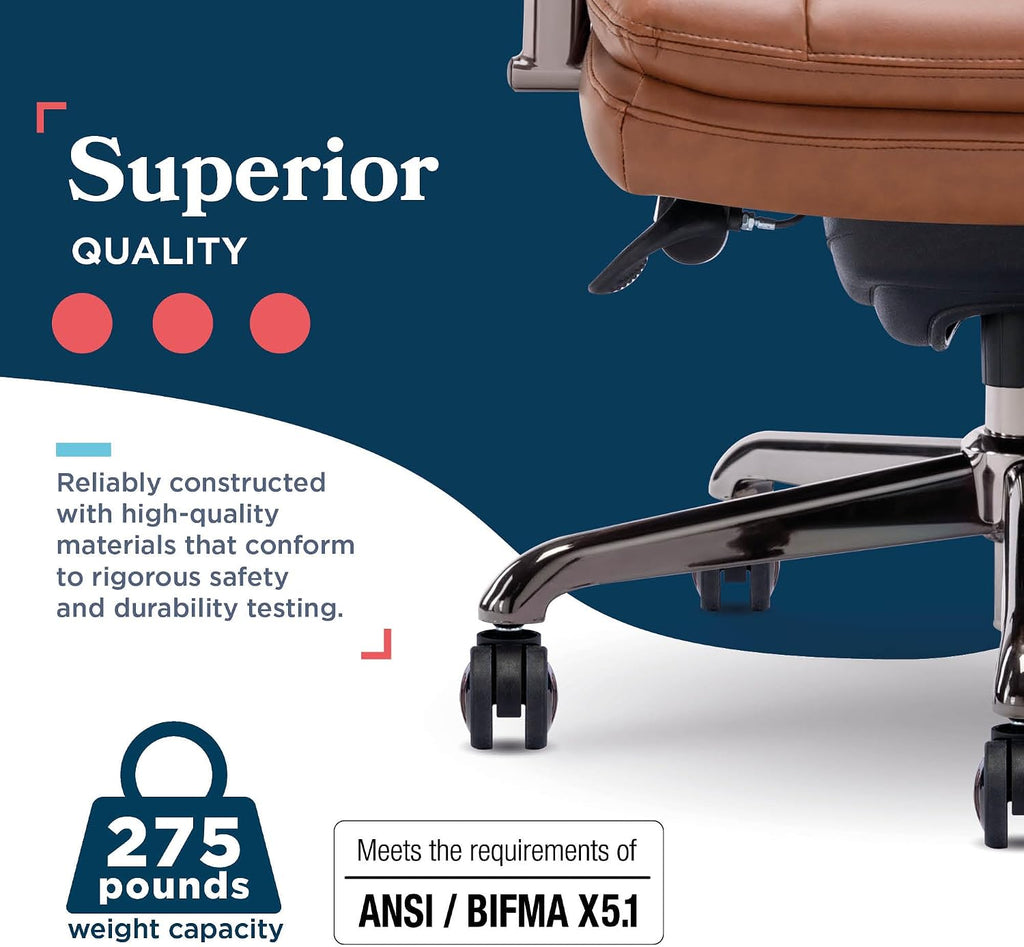La-Z-Boy Sonata Executive Mid-Back Office Chair, Button-Tufted Seat and Back, Double-Layer Cushion, Padded Armrests, Ergonomic Computer DeskChair, Swivel Metal Base, Bonded Leather, Cognac/Graphite