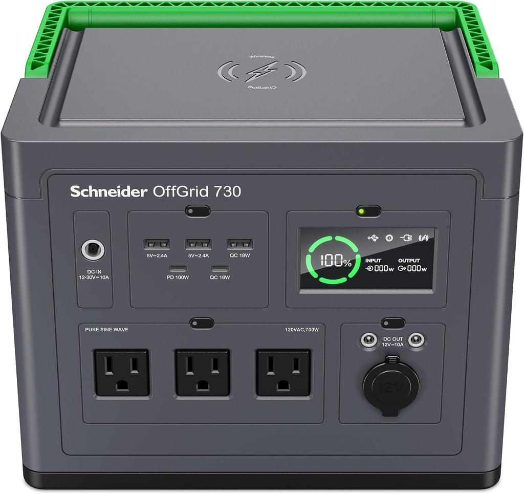 Schneider OffGrid 738Wh Portable Power Station, PPS730 Portable Solar Generator with Wireless Charging Pad, for Camping or Home