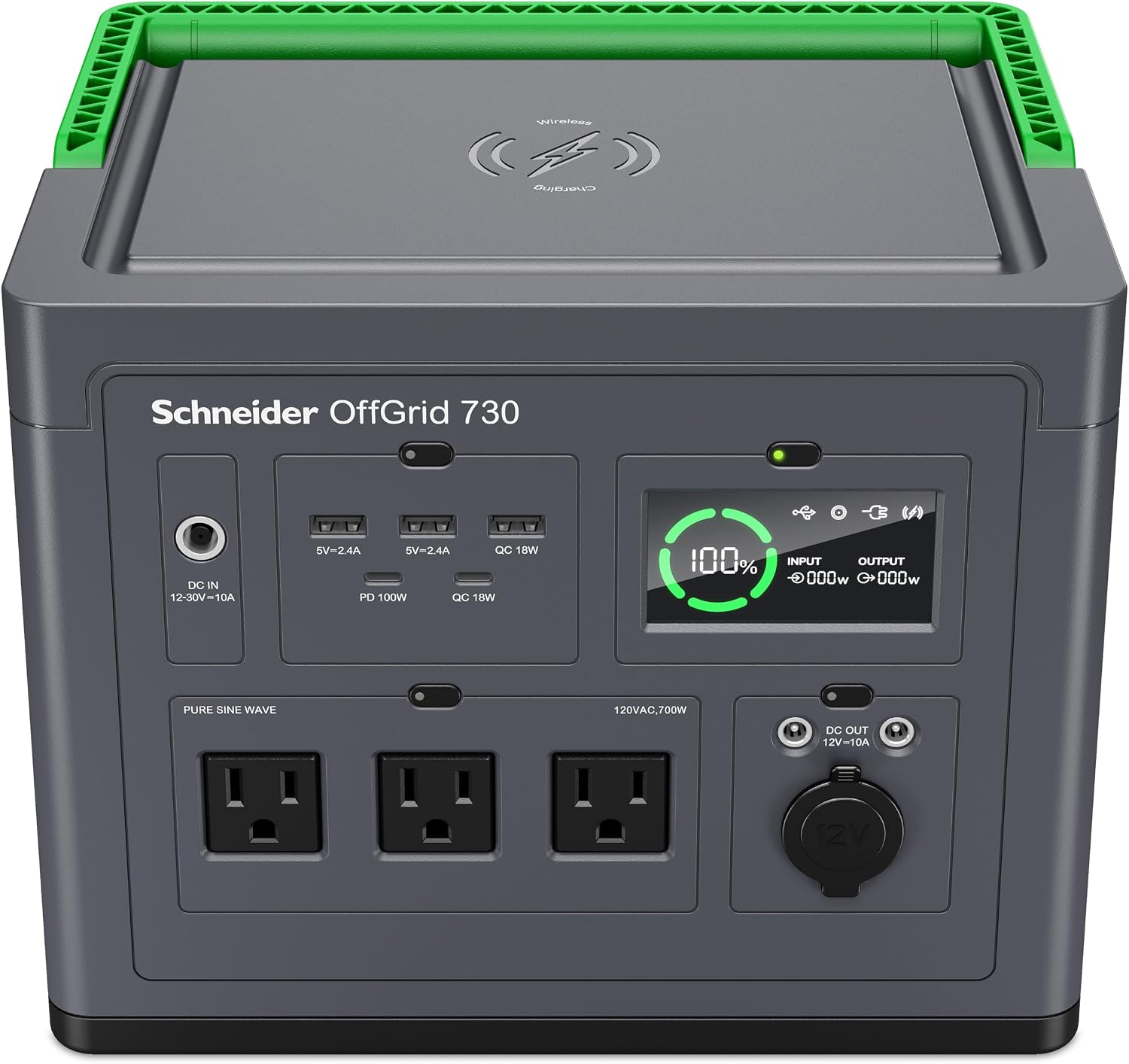 Schneider OffGrid 738Wh Portable Power Station, PPS730 Portable Solar Generator with Wireless Charging Pad, for Camping or Home