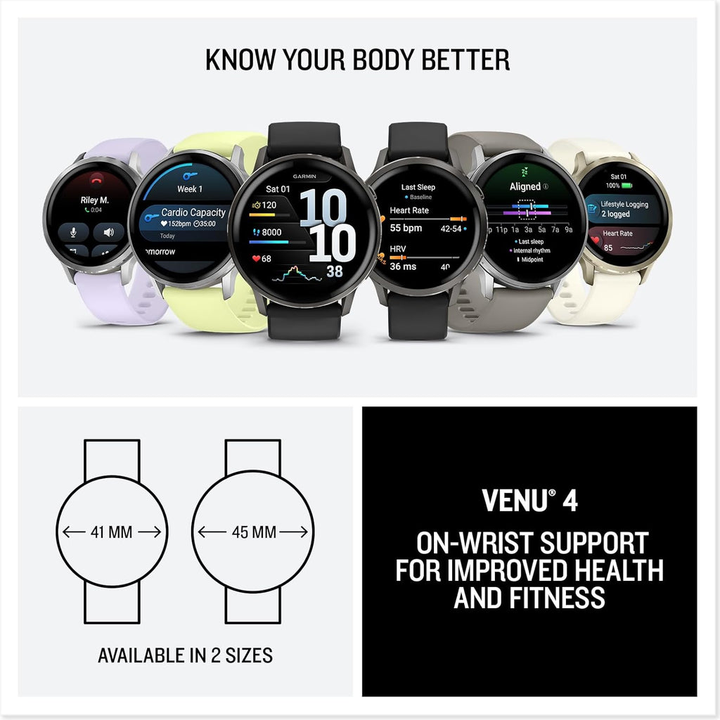 Garmin Venu 4, 41mm, Advanced Fitness and Multisport Tracker GPS Smartwatch, 1.2' AMOLED Display, Built-in Flashlight, 10 Days of Battery Life, Lunar Gold with Bone Silicone Band (Watch Bundle)
