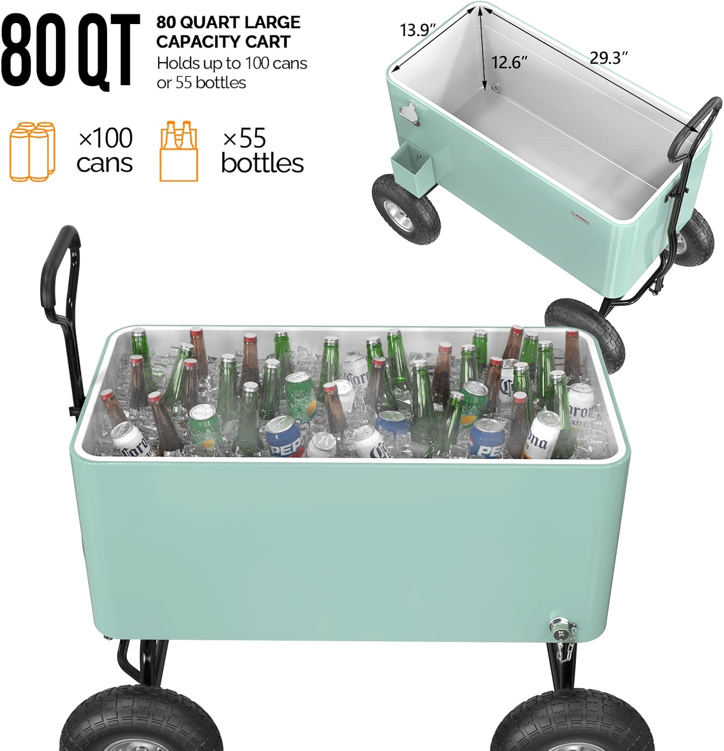 VINGLI 80 Quart Wagon Rolling Cooler Ice Chest, w/Long Handle and 10' Wheels, Portable Beach Patio Party Bar Cold Drink Beverage, Outdoor Park Cart on Wheels