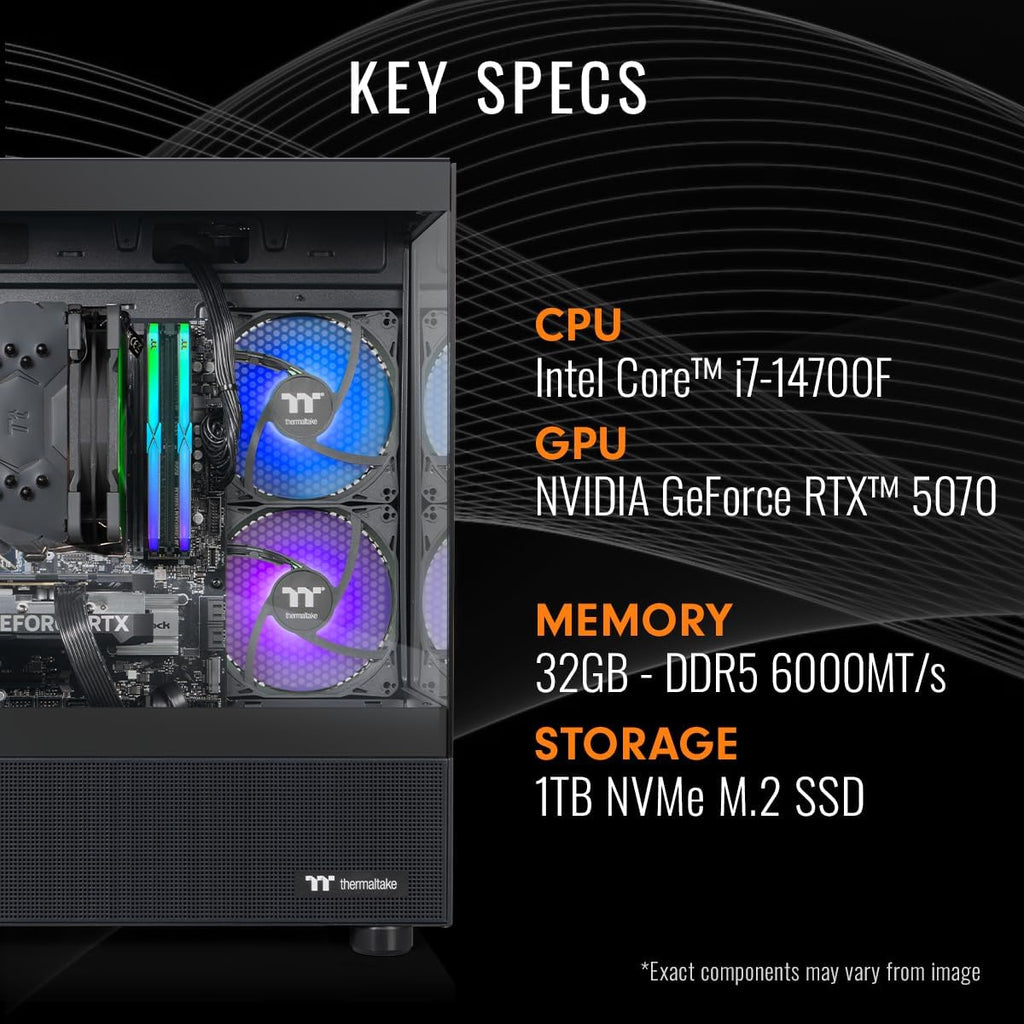 Thermaltake LCGS View i1470-170 Gaming Desktop (Intel Core™ i7-14700F, ToughRam 32GB DDR5 6000MT/s RGB Memory, NVIDIA® GeForce RTX™ 5070, 1TB NVMe M.2, WiFi, Windows 11) V17B-B760-570-LCS