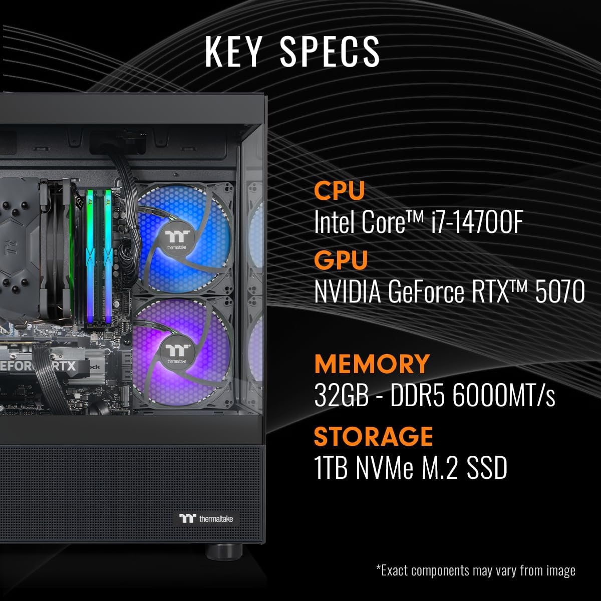 Thermaltake LCGS View i1470-170 Gaming Desktop (Intel Core™ i7-14700F, ToughRam 32GB DDR5 6000MT/s RGB Memory, NVIDIA® GeForce RTX™ 5070, 1TB NVMe M.2, WiFi, Windows 11) V17B-B760-570-LCS