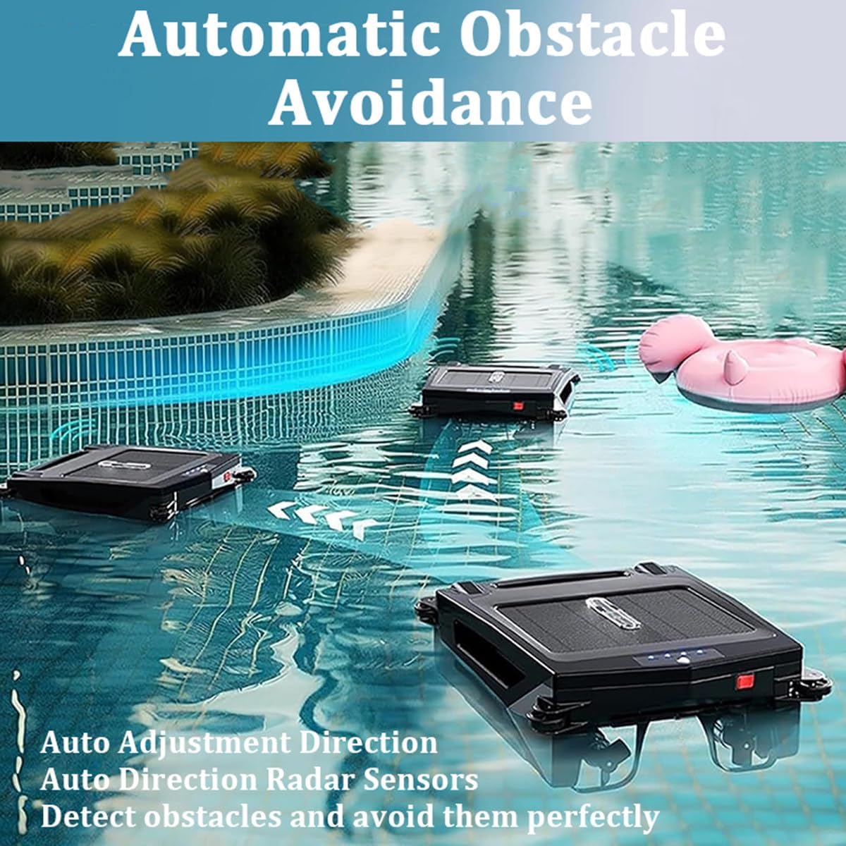Solar/Electric Robotic Pool Skimmer Cleaner, Automatic Pool Cleaner Robot with Obstacle Avoidance, Daytime ＆ Overnight Continuous Cleaning, 2 Speed Modes