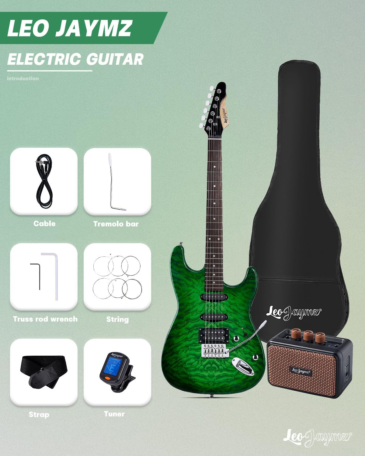 Leo Jaymz 39' Full Size ST Style Electric Guitar Starter Kit with SSH Pickup, 5W Portable Amp, Tuner, Gig Bag, Strap & Accessories (Green Ocean 5W)