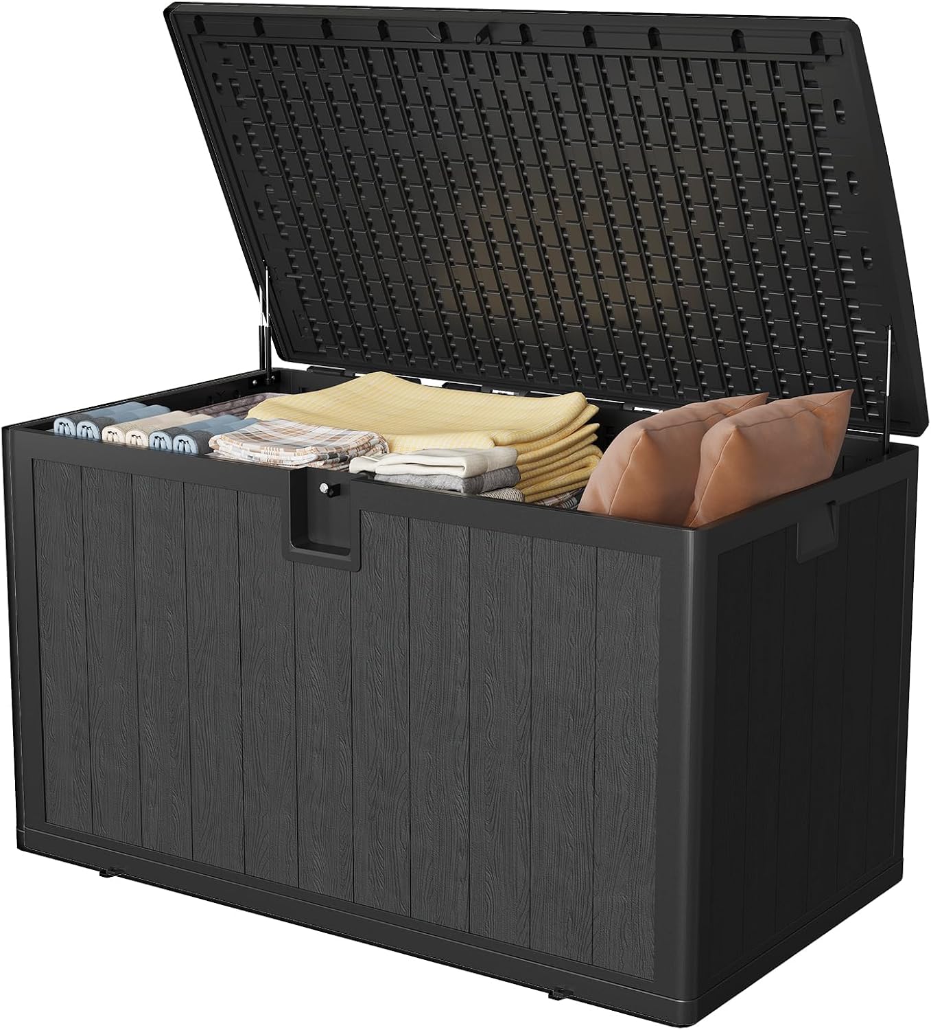 130 Gallon Indoor & Outdoor Storage Box, Lockable Resin Deck Boxes Waterproof with Lid& Side Handles for Garden Pool Accessories, Patio Cushions, Backyard Furniture, Black.