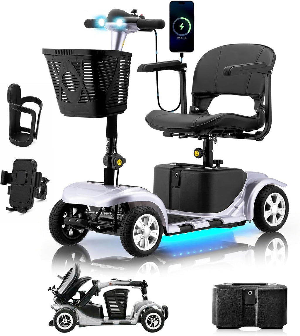Mobility Scooter for Adults, Senior, 4 Wheels Electric Powered Chargeable Device for Travel, Lightweight and Portable, with LED Headlights and Basket, Charger Included, Red/Blue (Silver/Black)