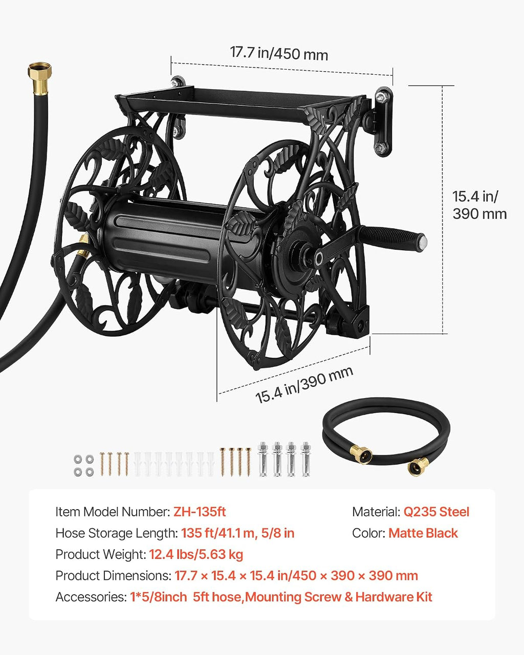 VEVOR Wall Mounted Garden Hose Reel, Holds 135 Feet of 5/8-inch Hose, Outdoor Heavy-Duty Waterhose Holder Winder, with Widened Top Tray, Aluminum Alloy Connector, Decorative Pattern, for Backyards