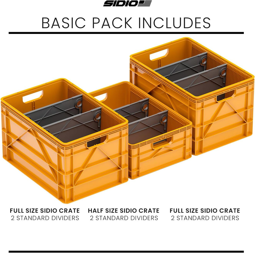 SIDIO Crate Basic Pack - 2 Full-Size & 1 Half-Size Heavy Duty Stackable Storage Bins, Totes and Containers with Dividers - Durable Plastic Organizer for Home, Office, Garage, and Outdoor Use (Sol)