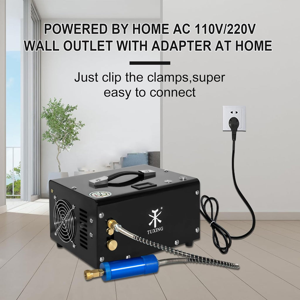 TUXING PCP Air Compressor 4500Psi, 30Mpa Portable PCP Airgun Compressor with External Converter, Powered by 12V Car DC or Home 110V AC, for Air Gun and Paintball/Scuba Tank