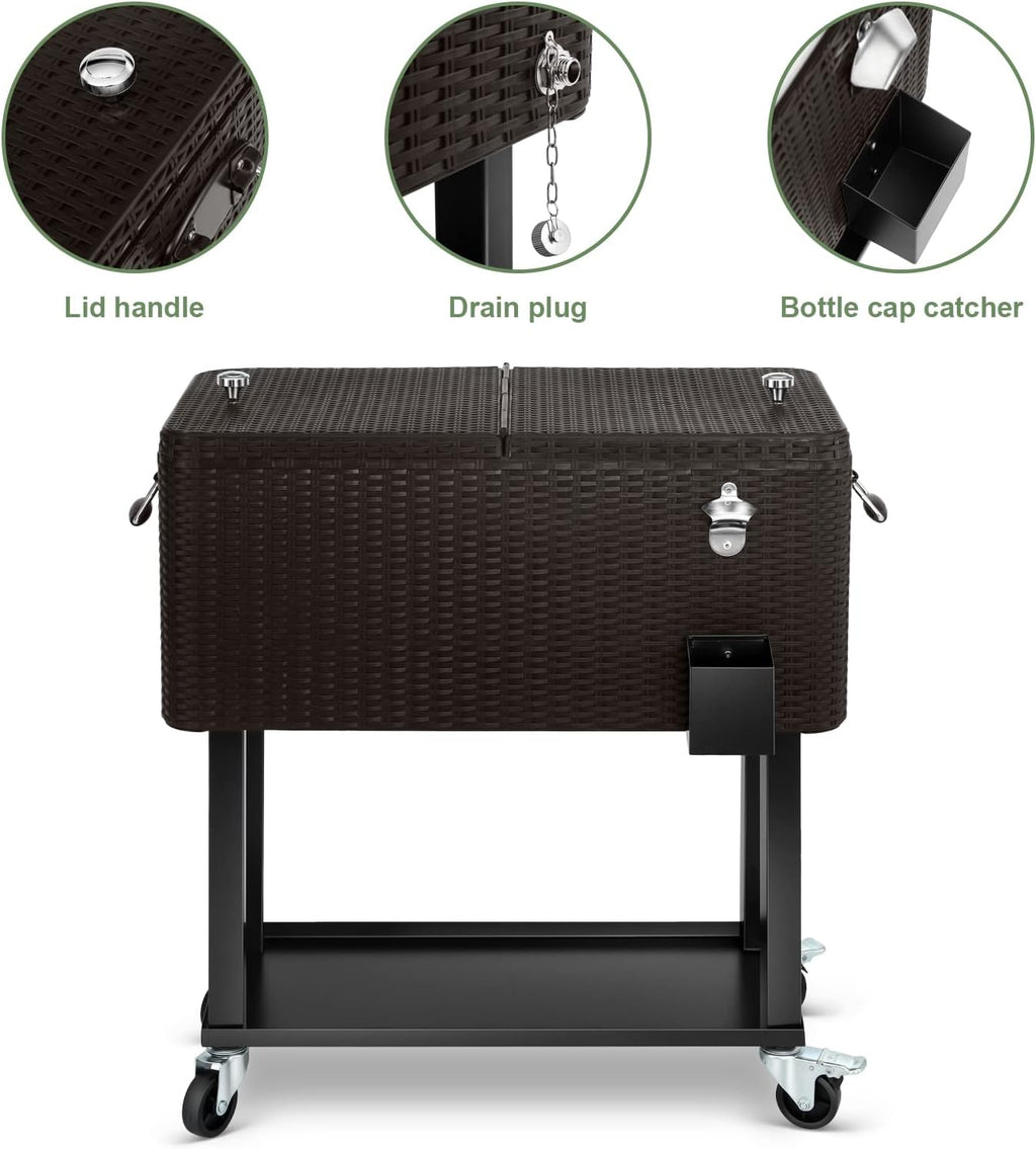 80 Quart Rolling Ice Chest Cooler Cart,Patio Backyard Party Drink Beverage Bar Stand Up Cooler Trolley with Ice Scoop