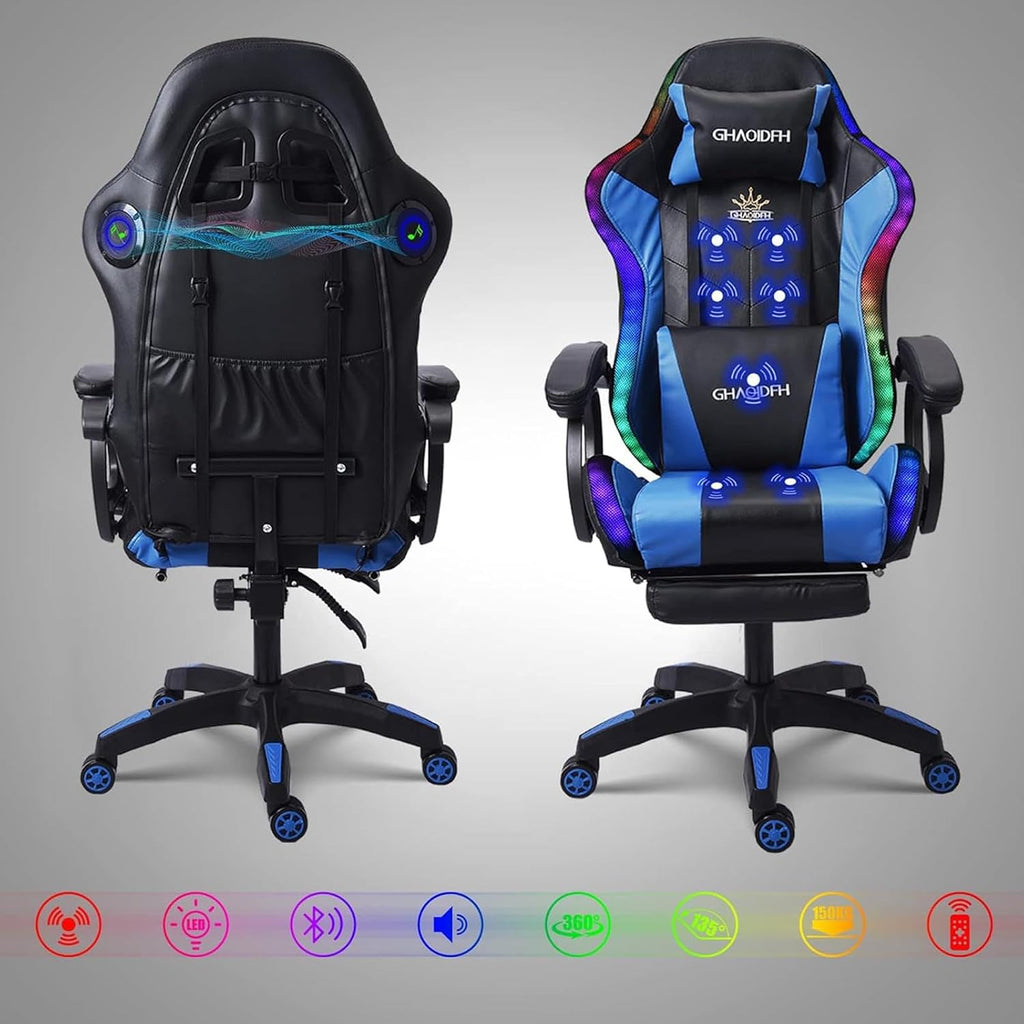 Video Gaming Chair with Footrest,Game Chair with Bluetooth Speakers,Computer Chair with LED Lights,Ergonomic Massage Gaming Chair with Massage Function,360°Swivel 90°-135° Adjustment Backrest (Blue)