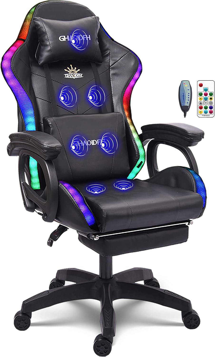 Ergonomic Gaming Chair with Massage and Speaker, Gaming Chair with Footrest Headrest and Lumbar Support, Racing Chair with RGB Lights, Gaming Chair for Kids,Gaming Chair for Adults.,Black