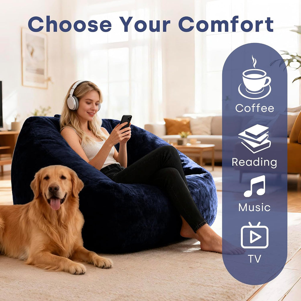 SUNBURY 47.2' L-Shaped Bean Bag Chair with Arms, Memory Foam Filled Lazy Sofa with Portable Handle & Side Pocket, Plush Floor Chair for Adults, Game Room, Bedroom, Living Room (Blue)