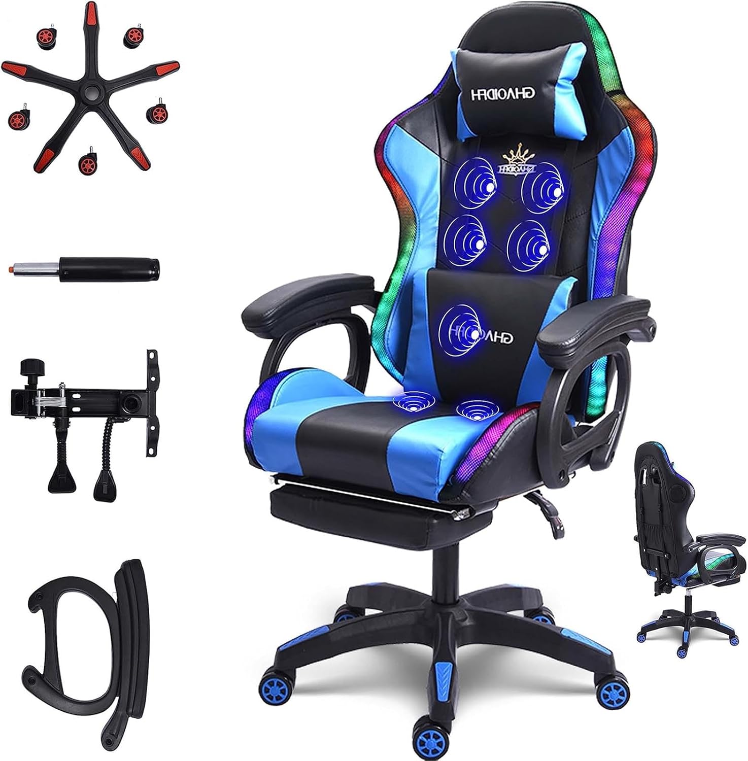 Gaming Chair with Bluetooth Speakers,Computer Chair Massage with LED Lights,Ergonomic Game Chair,Computer Stool with Footrest and Lumbar Support Height Adjustable with 360°-Swivel Seat (Blue)