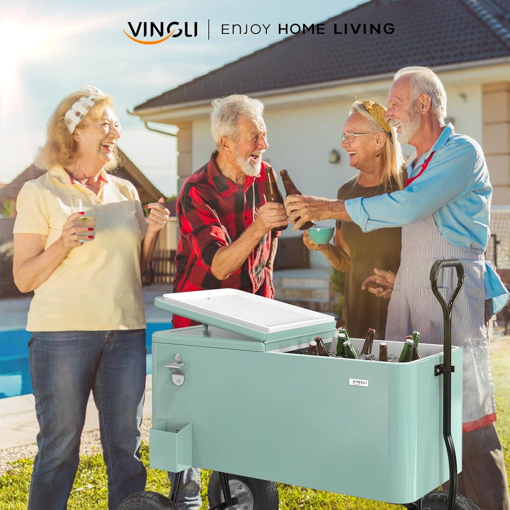 VINGLI 80 Quart Wagon Rolling Cooler Ice Chest, w/Long Handle and 10' Wheels, Portable Beach Patio Party Bar Cold Drink Beverage, Outdoor Park Cart on Wheels
