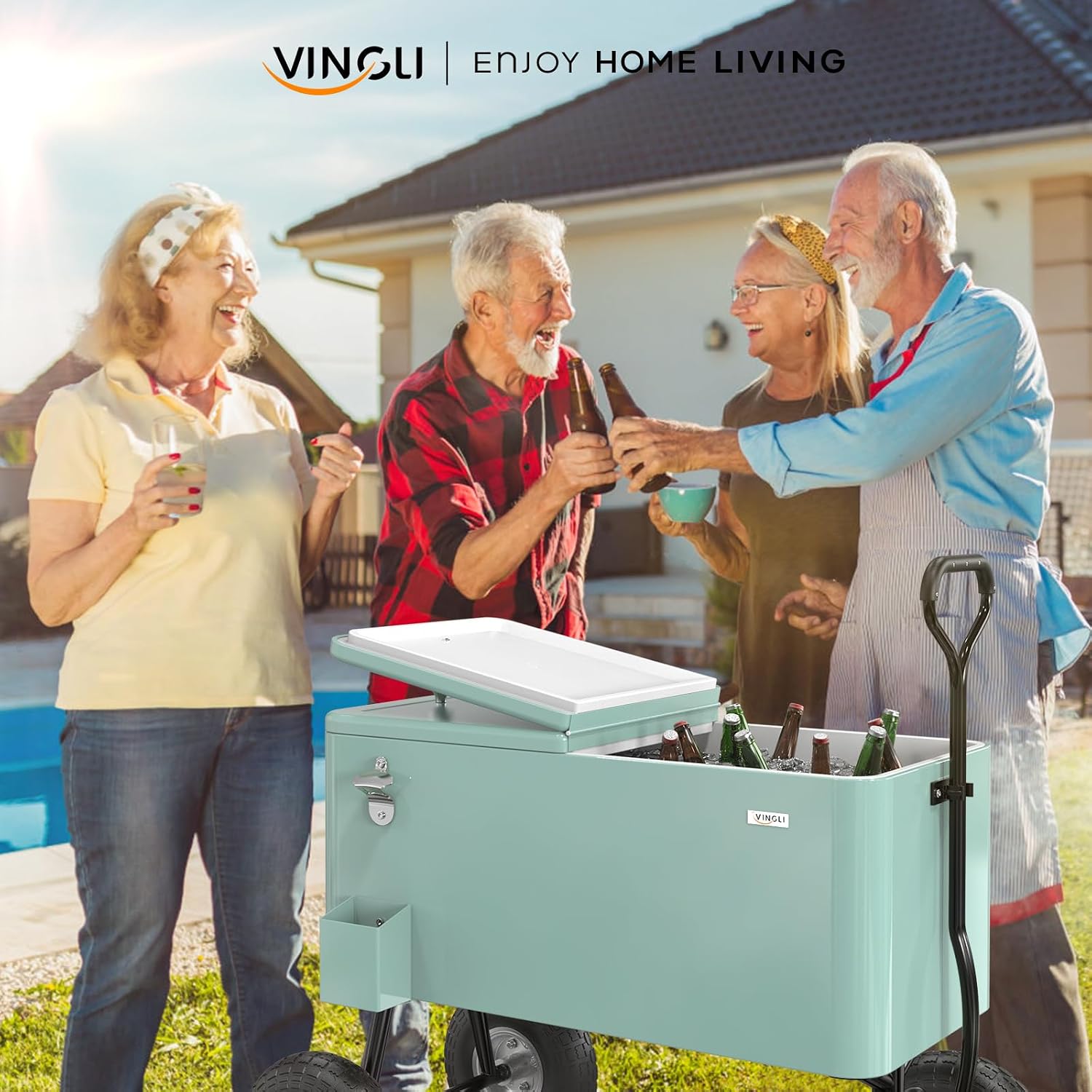VINGLI 80 Quart Wagon Rolling Cooler Ice Chest, w/Long Handle and 10' Wheels, Portable Beach Patio Party Bar Cold Drink Beverage, Outdoor Park Cart on Wheels