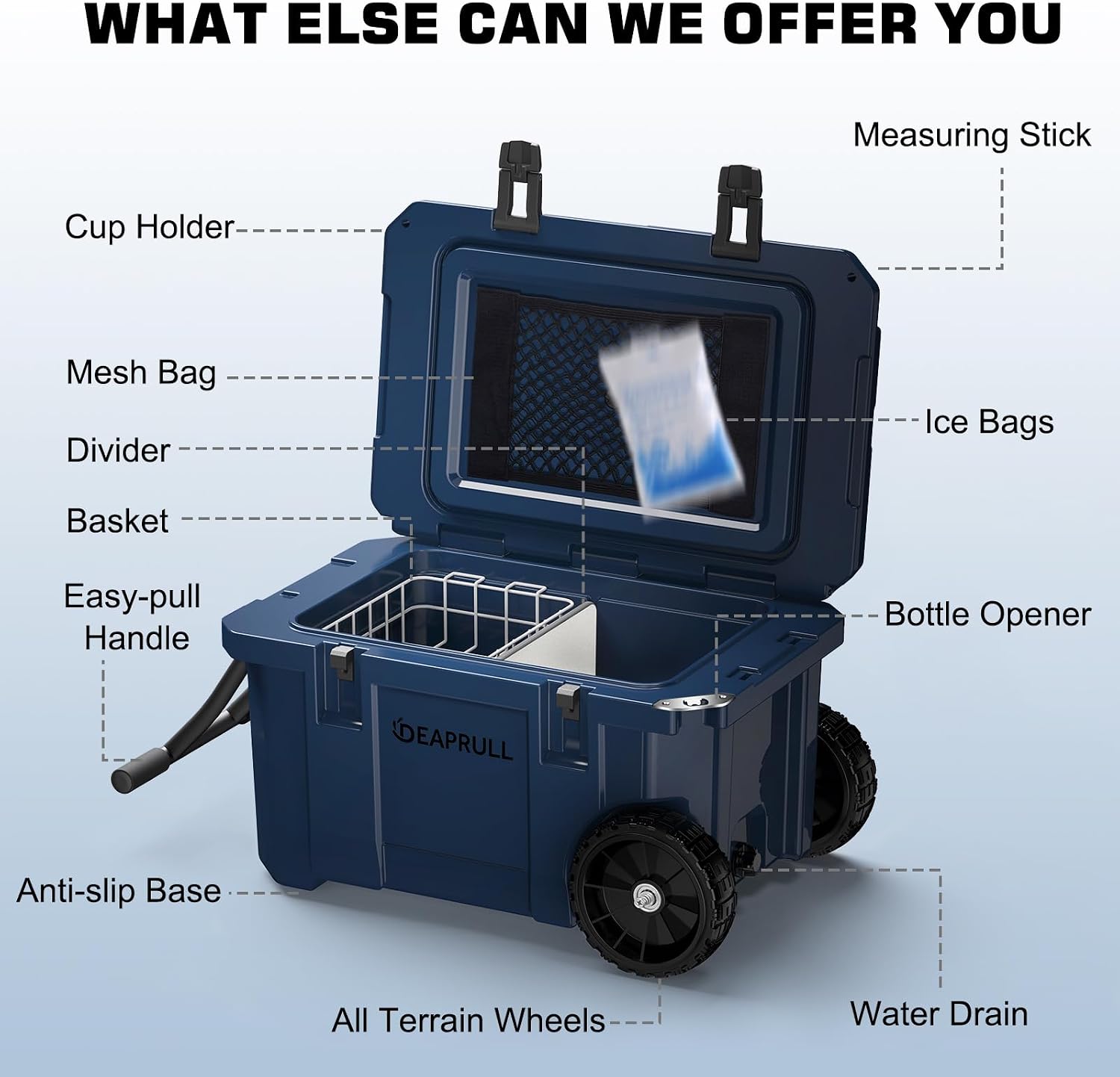 55 Quart Cooler with Wheels, Ice Chests Portable Camping Cooler Holds Ice up to 6 Days, Leak-Proof Outdoor Insulated Cooler with Handle, Cup Holders, Hard Cooler for Camping, Beach, Boat