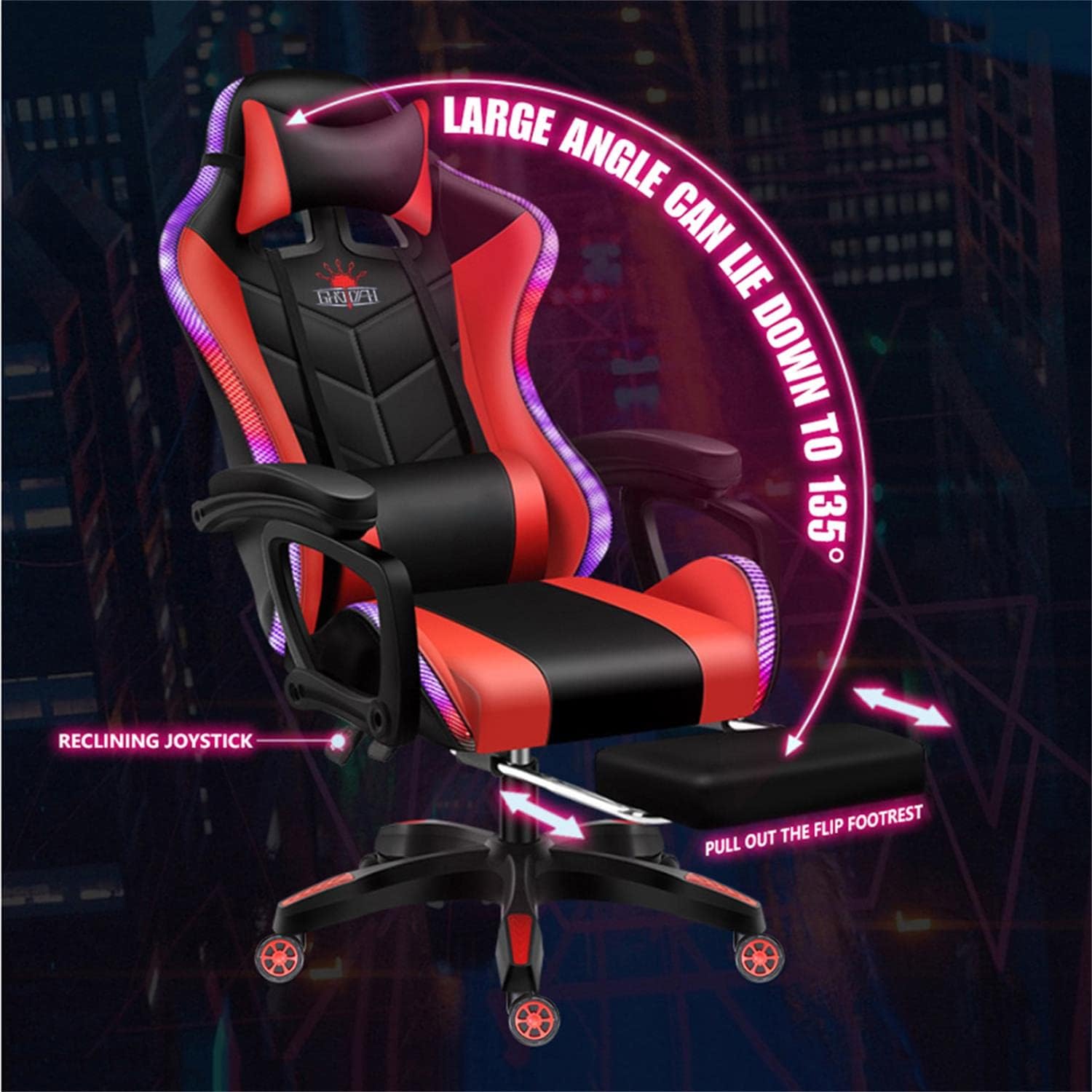 Gaming Chair with Speakers, LED Video Game Chair with Footrest, Ergonomic Game Chair with Full Massage Lumbar Support, Backrest Adjustable Reclining Gamer Chairs for Adults,Pink