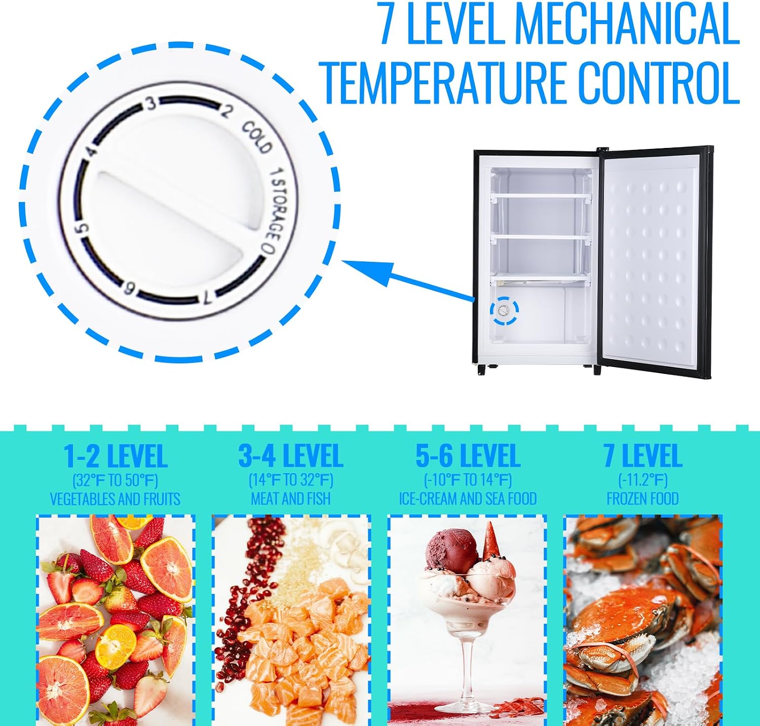 DEMULLER 3.2 Cu.Ft Upright Freezer with 7 Adjustable Thermostat Stand-up Single Door Compact Freezers with Rapid Cooling Technology for Home Kitchen Dorm Black