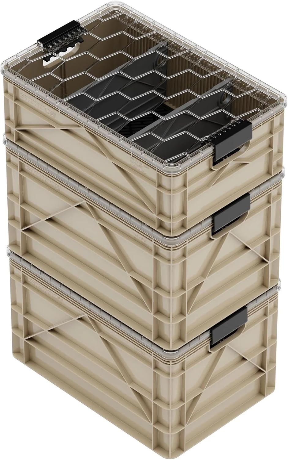 SIDIO Crate Pro Pack - 2 Full-Size & 1 Half-Size Heavy Duty Stackable Storage Bins, Totes and Containers with Lids and Dividers - Durable Organizer for Home, Office, Garage, and Outdoor Use