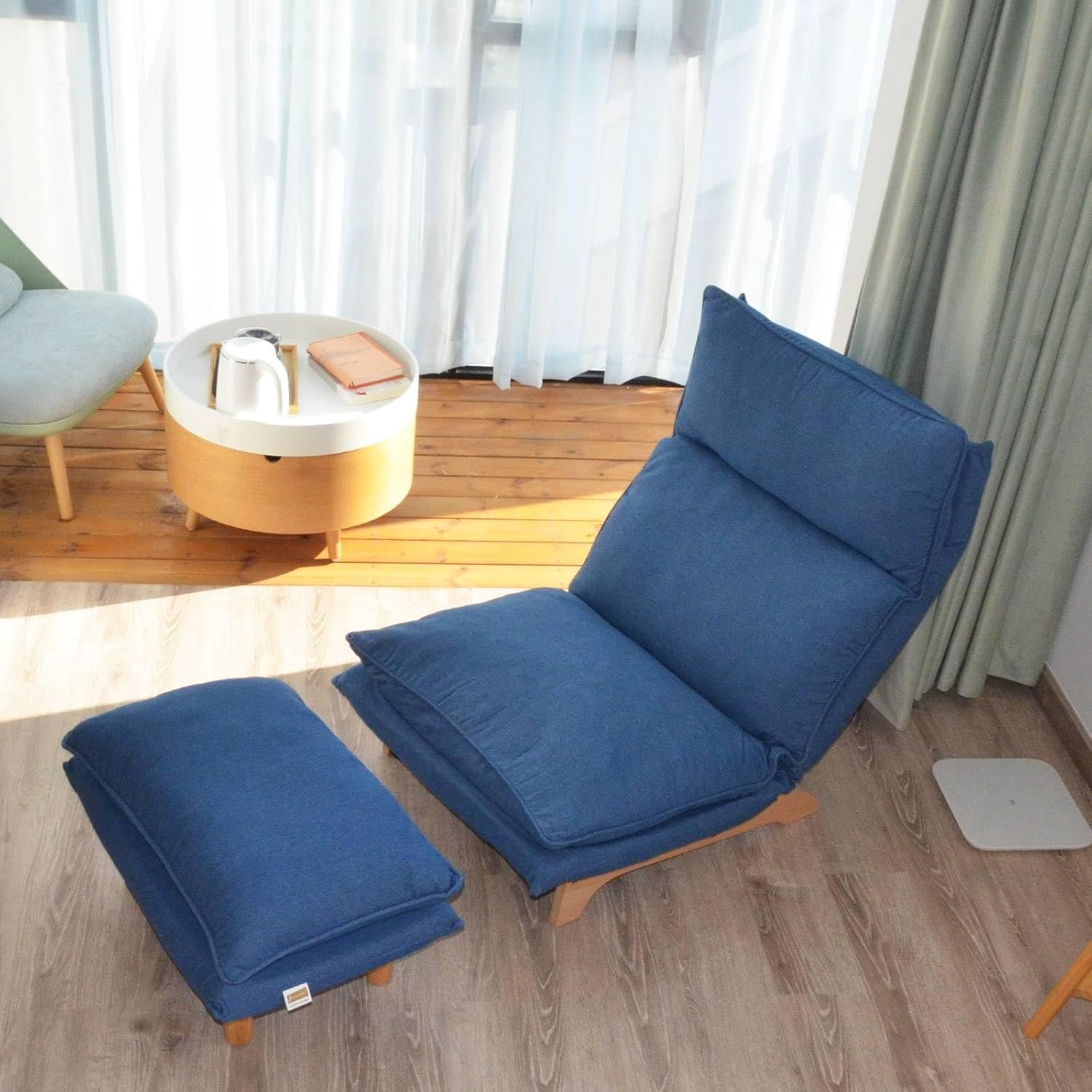 Floor Sofa Chair with Footrest, Upholstered Lazy Sofa Leisure Chair with Adjustable Backrest and Ottoman for Living Room, Bedroom, Dark Blue