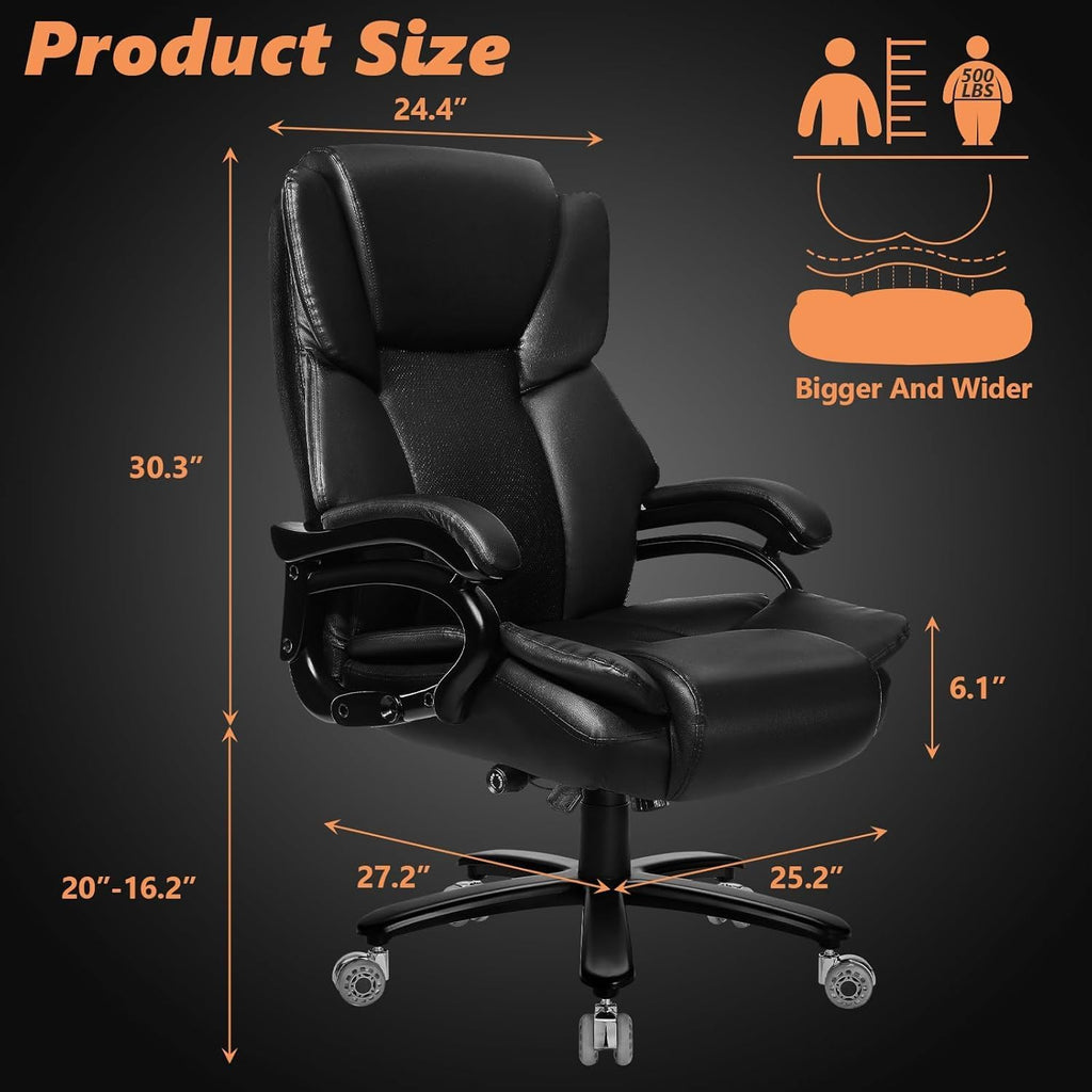 Indulgear 500lbs Big and Tall Office Chair with Dual Rubber Wheel, Heavy Duty Office Chair for Low Back Pain Relief, Large Executive Desk Chair with Adjustable Lumbar Support