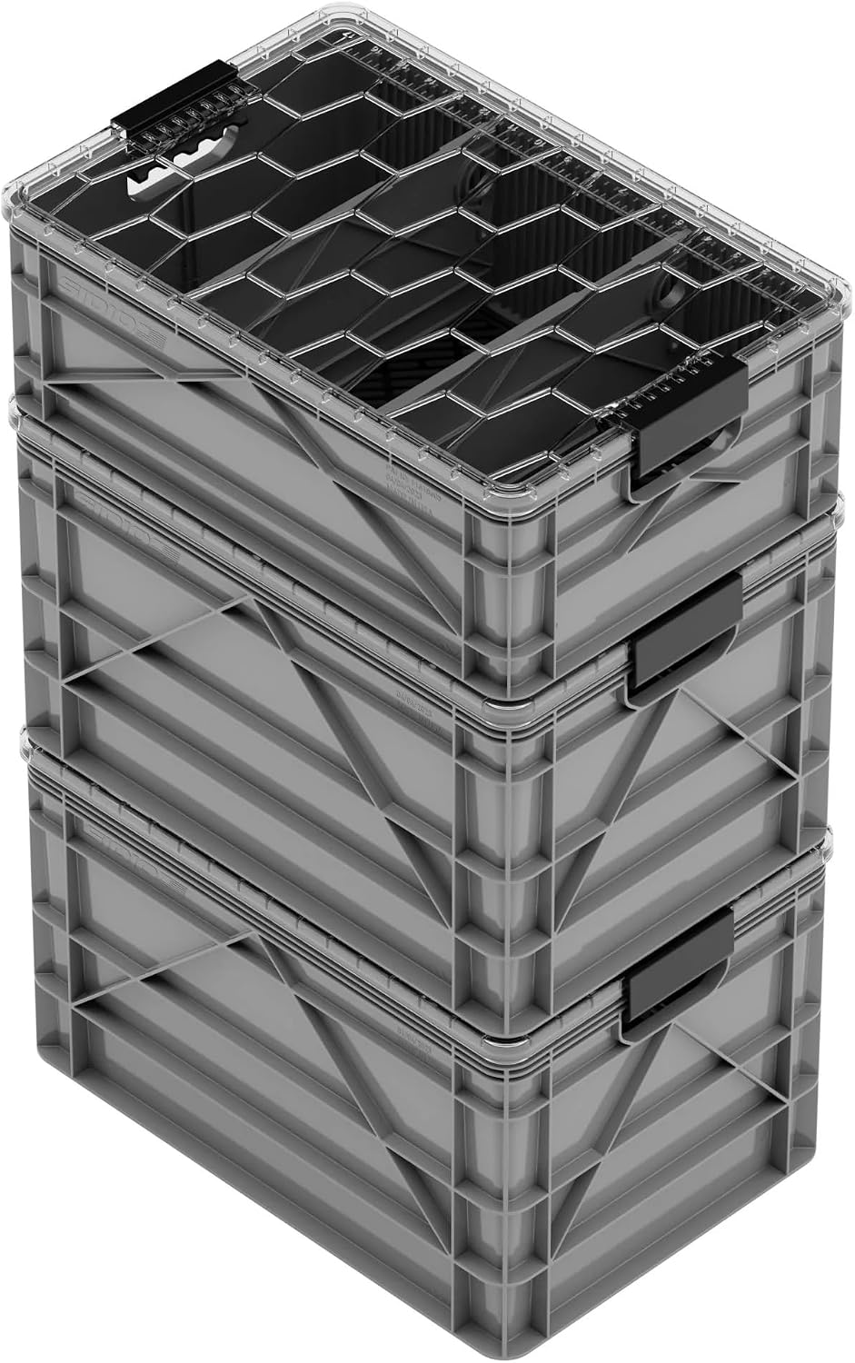 SIDIO CRATE Pro Pack - Two Full Size and One Half Size Heavy Duty Stackable Storage Bins, Totes, Containers with Lids and Dividers - Durable Organizer for Home, Office, Garage, and Outdoor Use - Gray